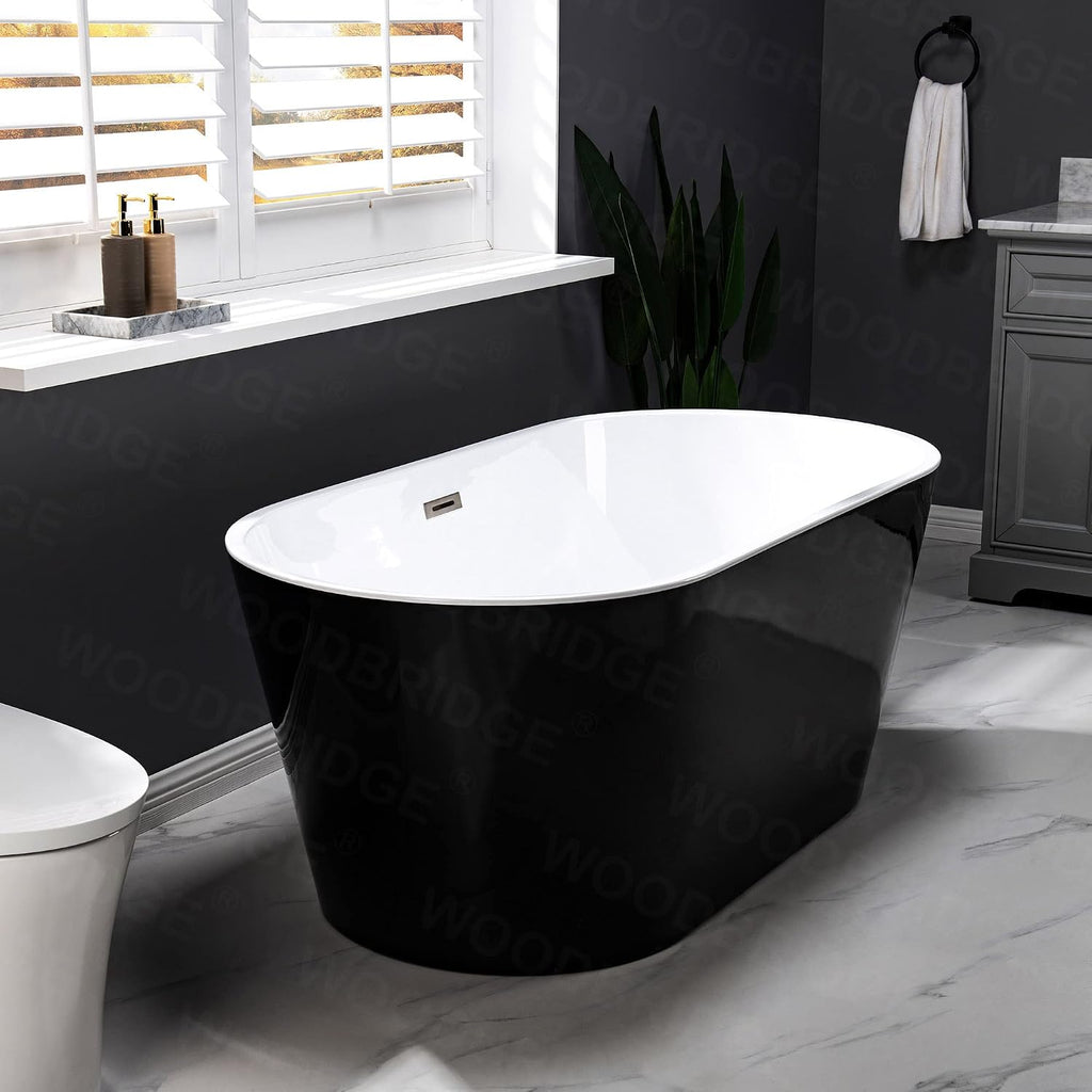 WOODBRIDGE 59' Acrylic Freestanding Bathtub Contemporary Soaking Black Tub with Brushed Nickel Overflow and Drain,B1814 BN