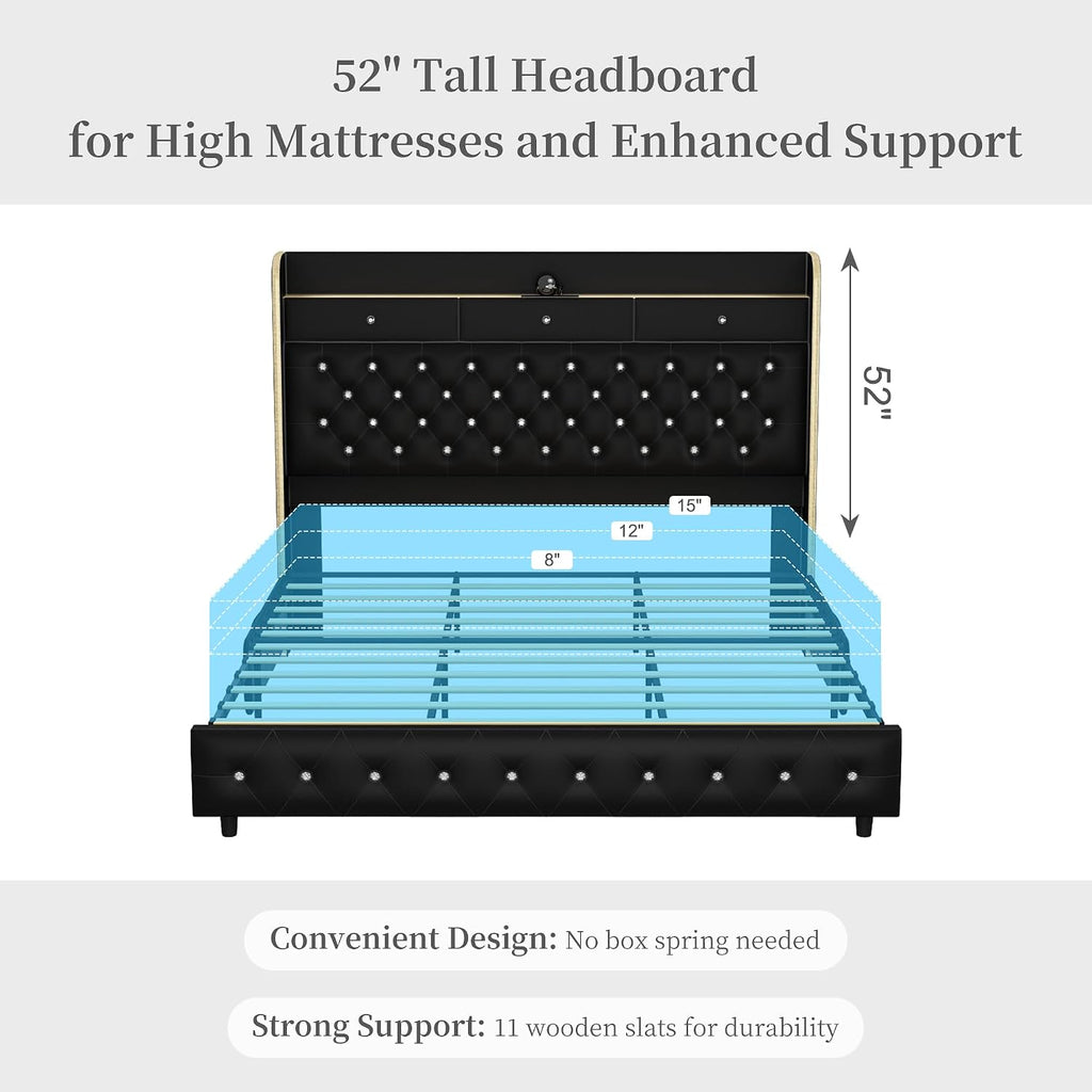 Full Led Bed Frame with Galaxy Aurora Star Projector, Full Size Platform Bed with 2 Storage Drawers, 52' Diamond Upholstered Headboard with Charging Station, Noise Free, No Box Spring Needed, PU Black