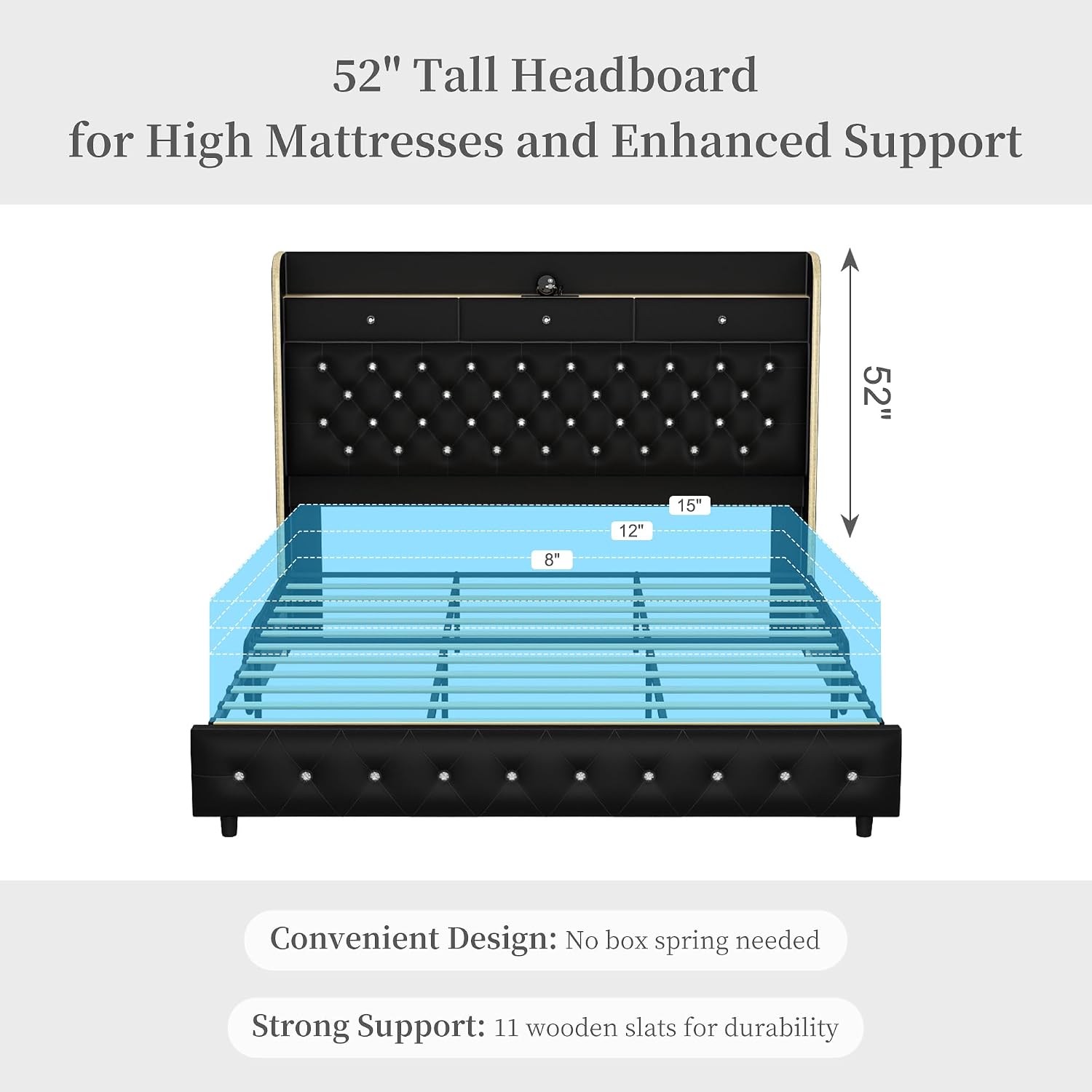 Full Led Bed Frame with Galaxy Aurora Star Projector, Full Size Platform Bed with 2 Storage Drawers, 52' Diamond Upholstered Headboard with Charging Station, Noise Free, No Box Spring Needed, PU Black