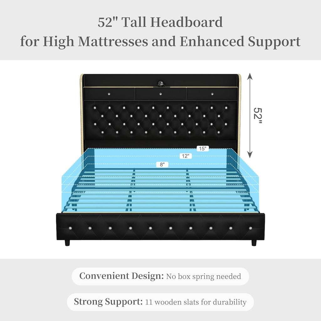 SIBEDS Queen Led Bed Frame with Galaxy Aurora Star Projector, Platform Beds with Charging Station, 52' Diamond Upholstered Wingback Bedframe with 2 Storage Drawers, No Box Spring Needed, PU Black