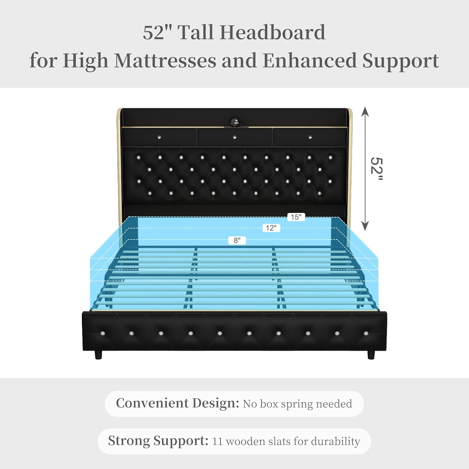 SIBEDS Queen Led Bed Frame with Galaxy Aurora Star Projector, Platform Beds with Charging Station, 52' Diamond Upholstered Wingback Bedframe with 2 Storage Drawers, No Box Spring Needed, PU Black