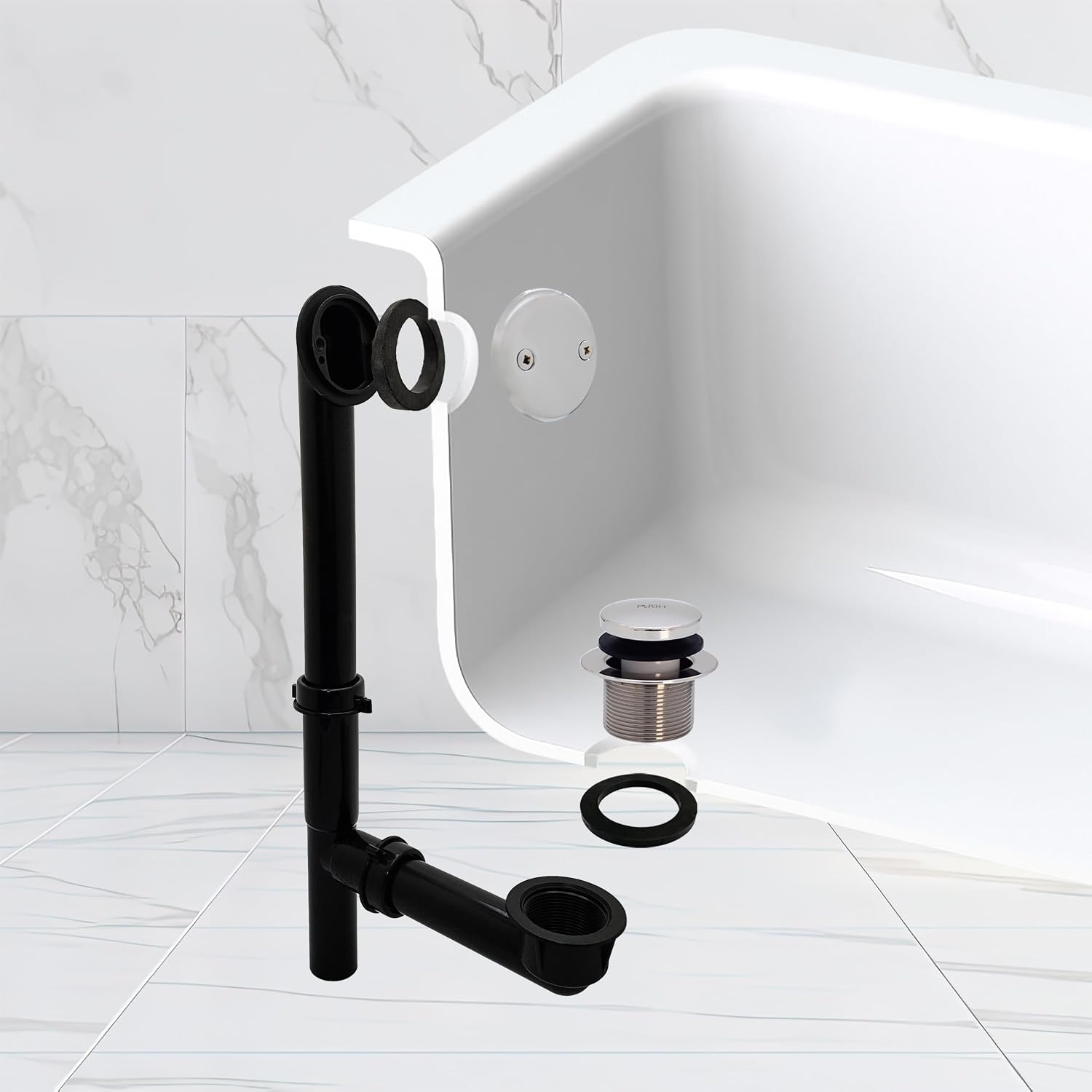 Westbrass Y593144CP-12 14' Black Tubular Bath Waste & Overflow Assembly with Tip-Toe Drain Plug and Two-Hole Faceplate, Polished Chrome (12-Pack)