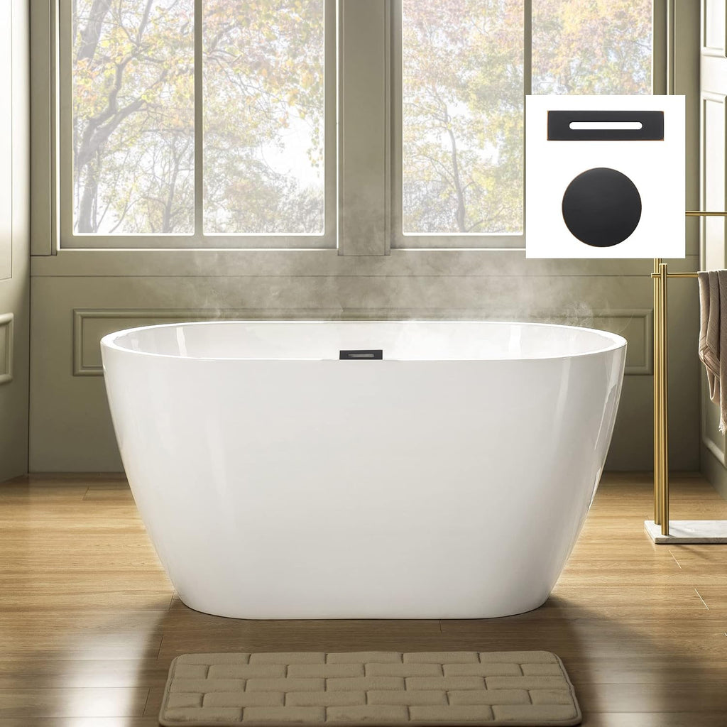 WOODBRIDGE 48' Acrylic Freestanding Bathtub Contemporary Soaking Tub, White Acrylic(Oil Rubbed Bronze Drain Drain/Overflow),BTA1703-ORB-Drain&O