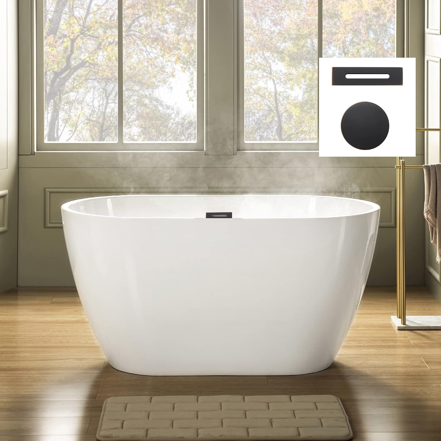 WOODBRIDGE 48' Acrylic Freestanding Bathtub Contemporary Soaking Tub, White Acrylic(Oil Rubbed Bronze Drain Drain/Overflow),BTA1703-ORB-Drain&O
