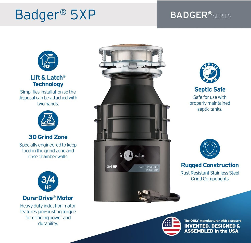 InSinkErator Badger 5XP Garbage Disposal with Power Cord, Badger Series 3/4 HP Continuous Feed Food Waste Disposer