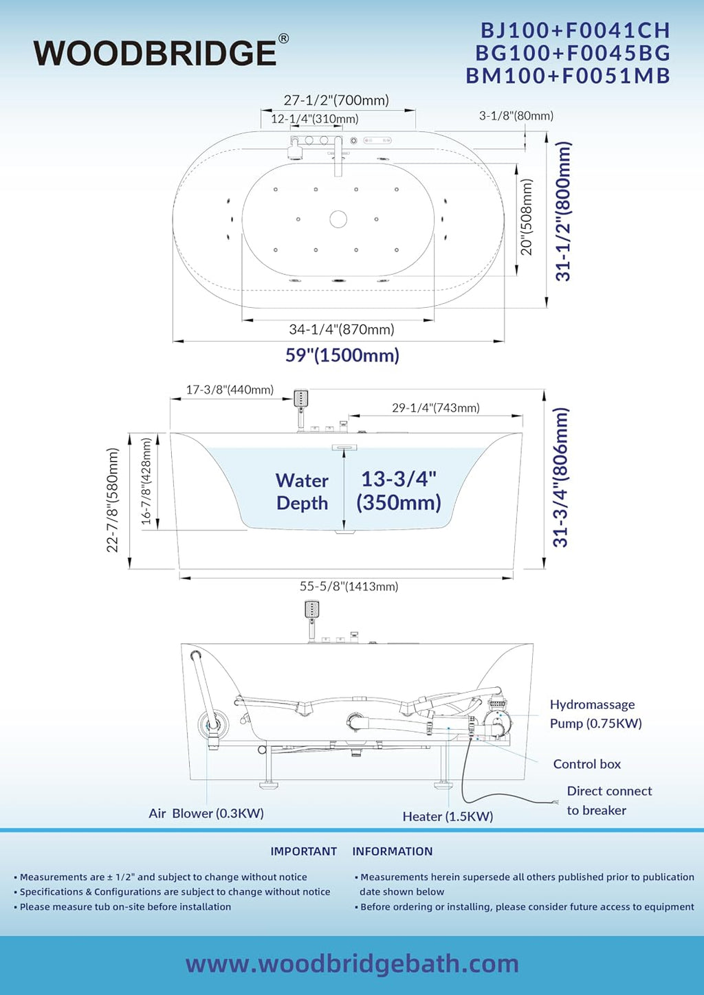 WOODBRIDGE 59' x 31-1/2' Whirlpool and Air Bath Heated Soaking Combination Tub with Adjustable Speed Air Blower, Faucet and Display Control Panel, Brushed Gold Finish Trim and Drain Kit,BG100+F0045BG
