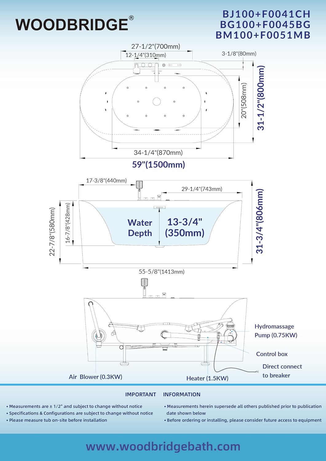 WOODBRIDGE 59' x 31-1/2' Whirlpool and Air Bath Heated Soaking Combination Tub with Adjustable Speed Air Blower, Faucet and Display Control Panel, Brushed Gold Finish Trim and Drain Kit,BG100+F0045BG