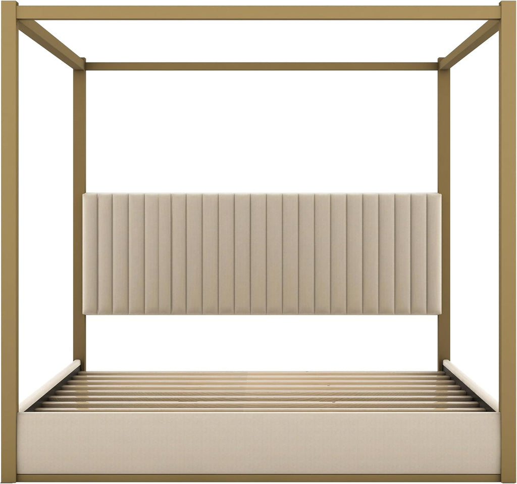 LUMISOL King Size Metal Canopy Bed Frame, 4 Poster Bed with Tall Upholstered Headboard, Velvet Upholstered Canopy Platform Bed, No Box Spring Needed, Beige + Gold