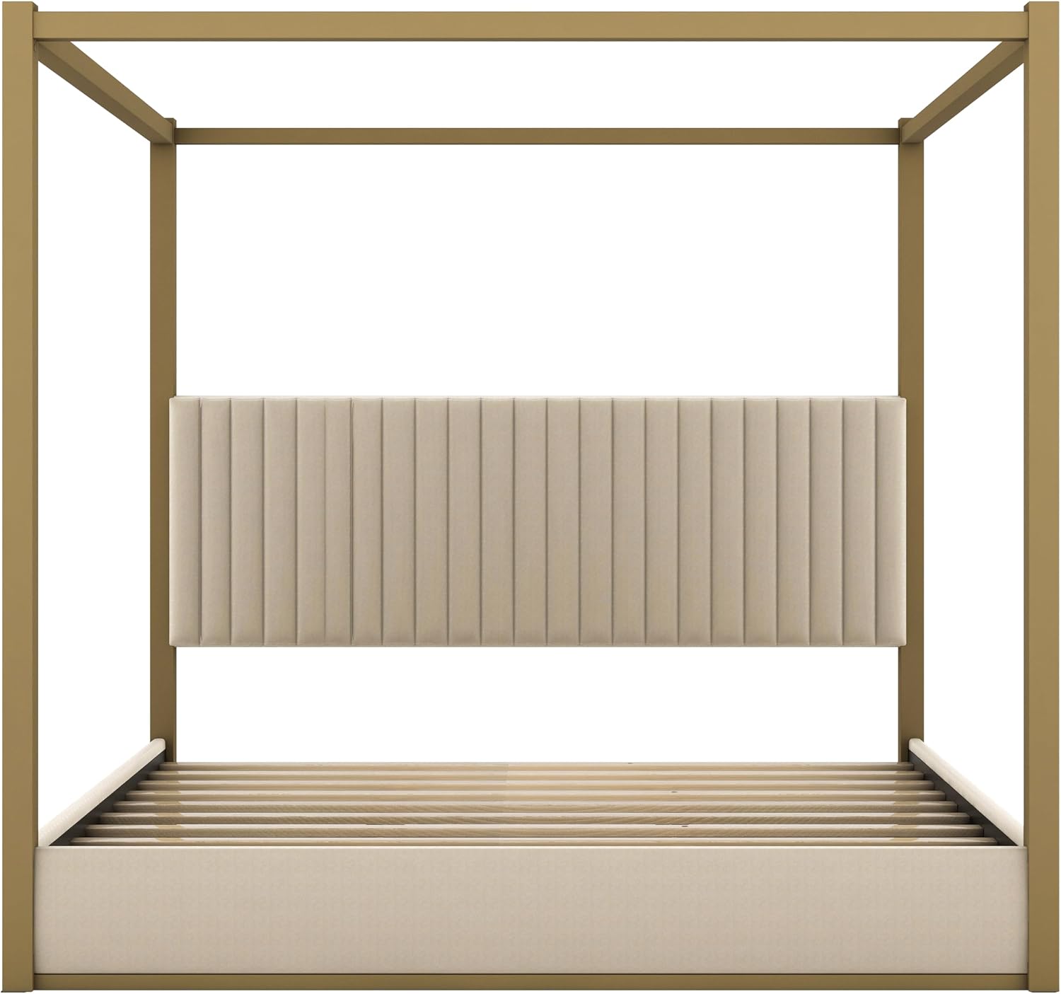 LUMISOL King Size Metal Canopy Bed Frame, 4 Poster Bed with Tall Upholstered Headboard, Velvet Upholstered Canopy Platform Bed, No Box Spring Needed, Beige + Gold