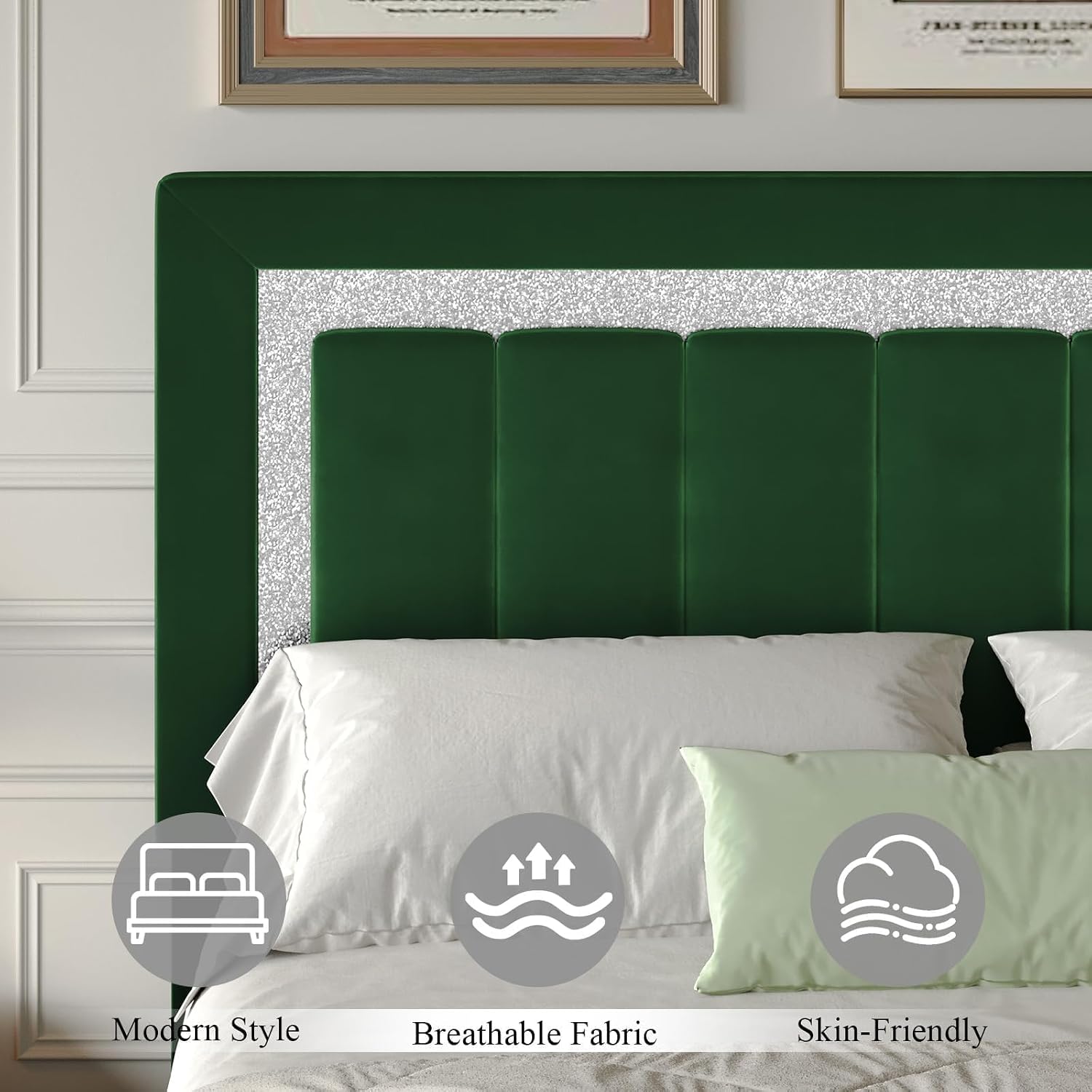HOMBCK Bed Frame Queen Size with Upholstered Headboard and Footboard, Velvet Queen Bed Frames with Diamond Design, No Box Spring Required, Easy Assembly, Green