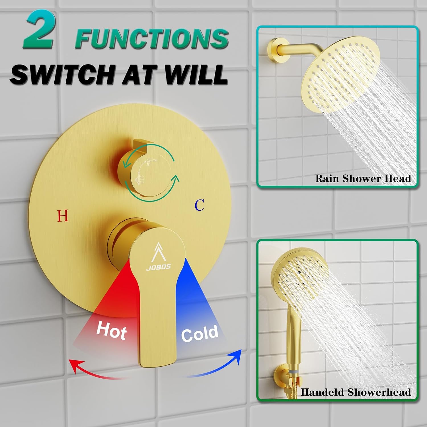 Shower Faucet Set Brass 8IN Rough-In Valve Body Trim Kit Rainfall Included Handle Accessories Complete 2 Functions with Rain Head and Handheld Bathroom Systems (8'', Brushed Gold)
