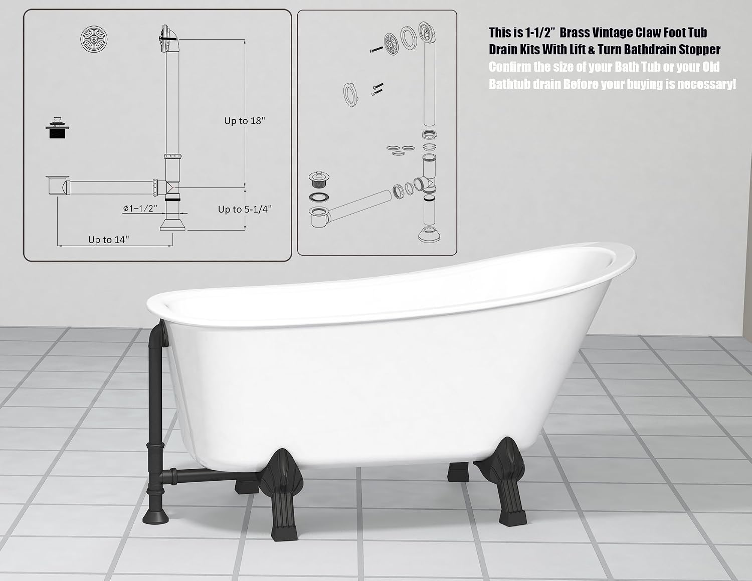 Artiwell Vintage Claw Foot Tub Drain Kit with Lift and Turn Bath Drain Stopper, 1-1/2' Brass Tubular Leg Tub Bathtub Waste and Overflow Drain Assembly with Drain Plug and Bathtub Overflow Cover