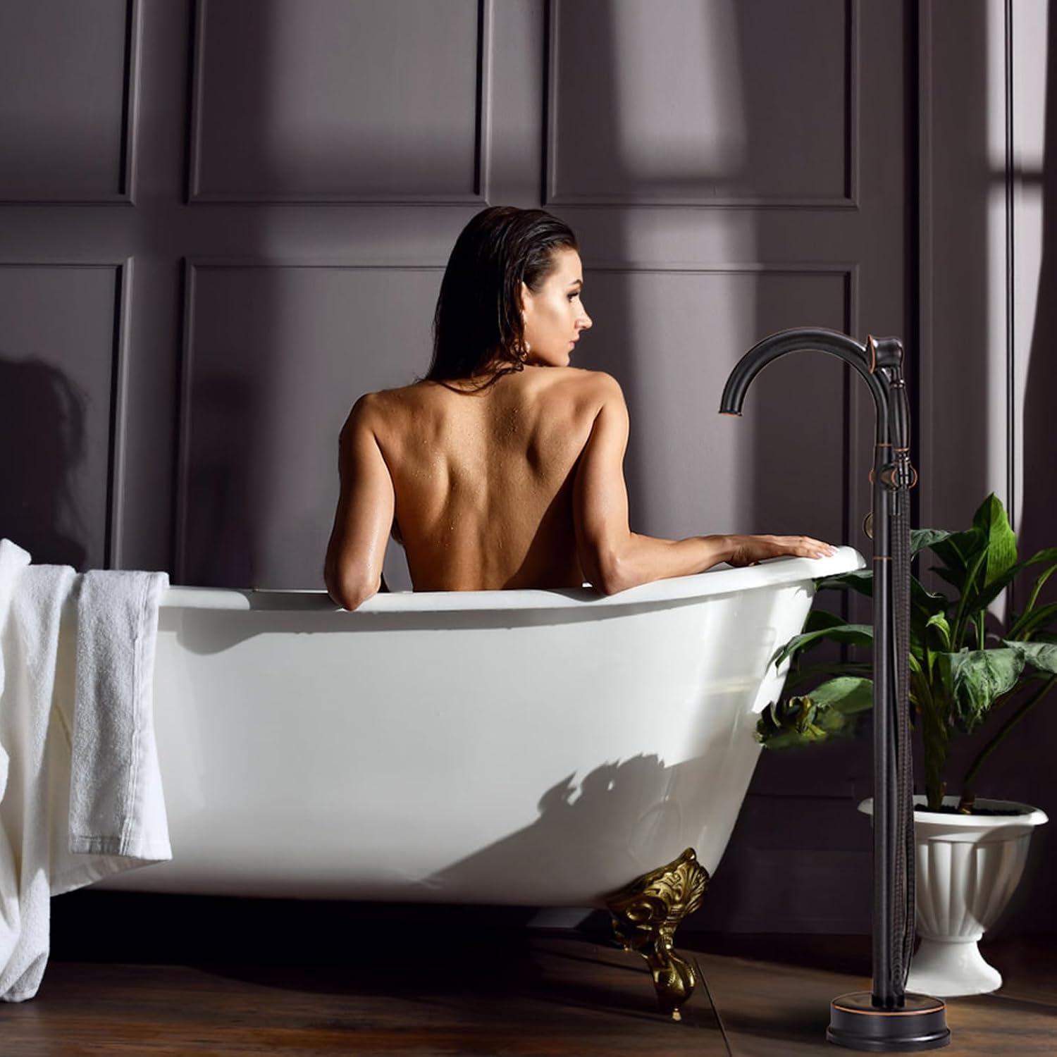 Freestanding Tub Faucets Bathroom Floor Mounted Waterfall Tub Filler Brass High Flow Swivel Spout&Hand Shower Oil Rubbed Bronze