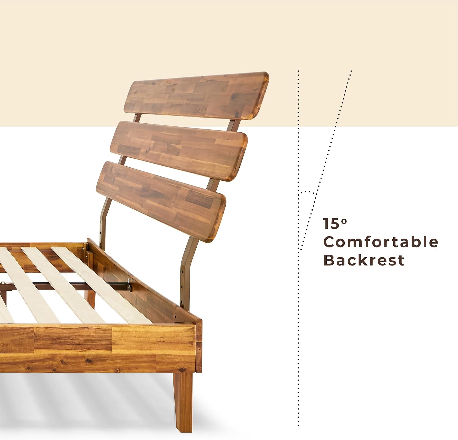 Bme Caden 15 Inch Deluxe Bed Frame with Adjustable Headboard - Mid Century, Retro Style with Acacia Wood - No Box Spring Needed - 12 Strong Wood Slat Support - Easy Assembly - Caramel, Queen