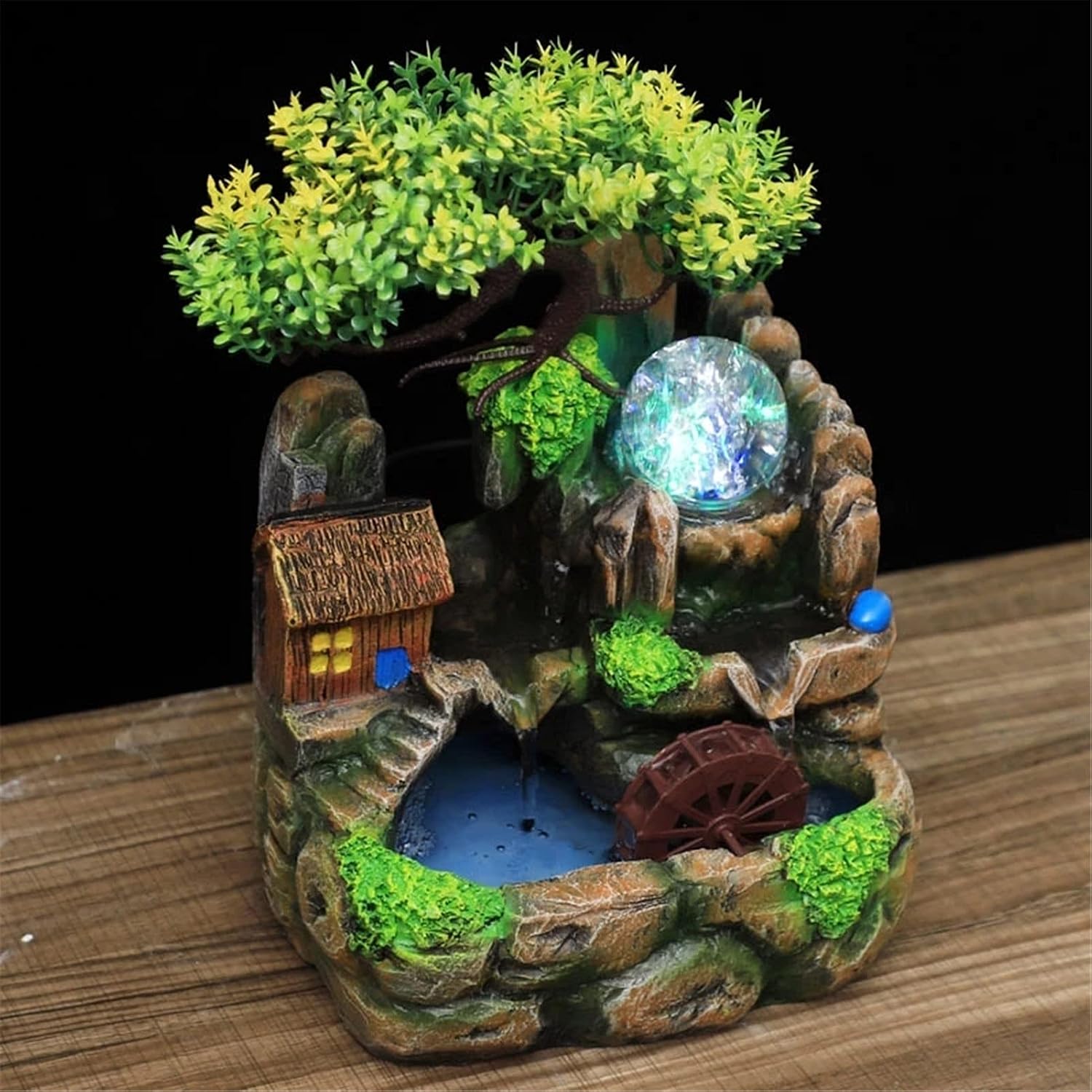 Tabletop Fountain Tabletop Fountain Led Lights Resin Rockery Flowing Water Fountain Lucky Feng Shui Wheel Office Desktop Ornaments Home Decoration Tabletop Water Fountain