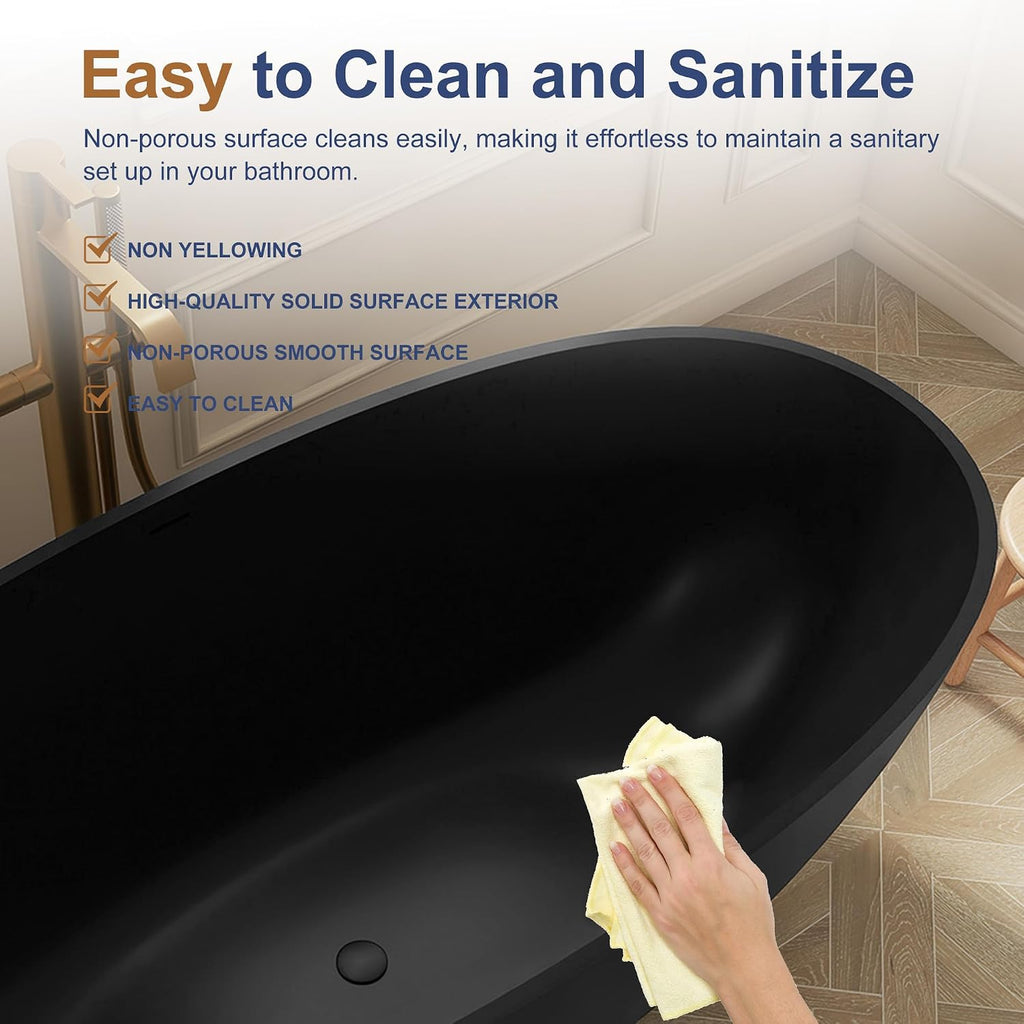 SJ STAR&JANE 61' Solid Surface Freestanding Bathtub, Matte Black Oval Soaking Stone Resin Tub with Overflow and Pop-up Drain for Modern Bathrooms