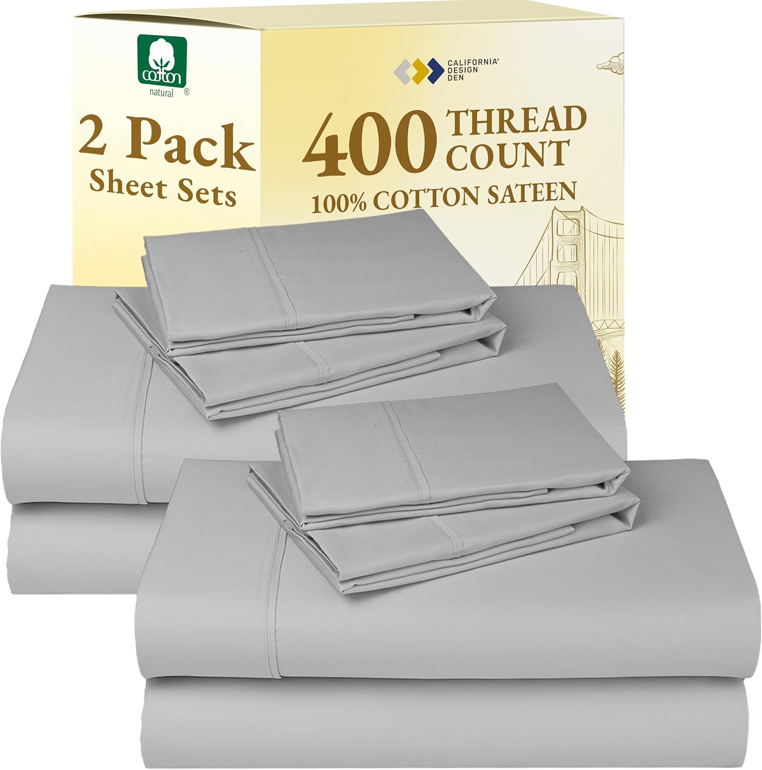 California Design Den Pack of 2 King Sheet Set 400 Thread Count 100% Cotton Sateen - Soft and Breathable Sheets, 2 Sets of Deep Pocket King Sheet Set Cotton - Light Grey