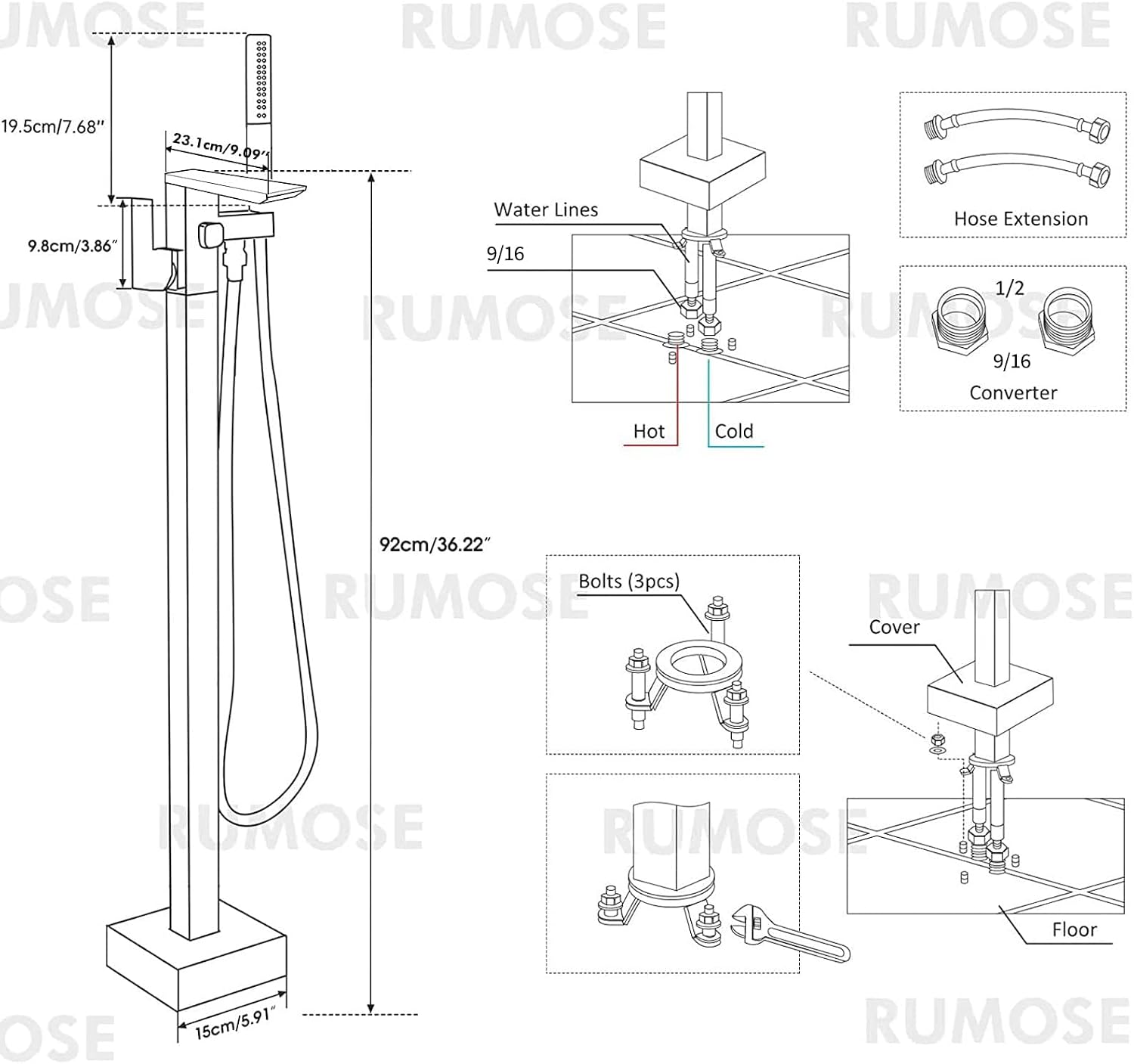 RUMOSE Brushed Gold Bathtub Filler Freestanding Tub Filler Floor Mount Tub Faucet Waterfall Bathtub Faucet with CUPC Certified High Flow Brass Bath Shower Faucets with Handheld Sprayer