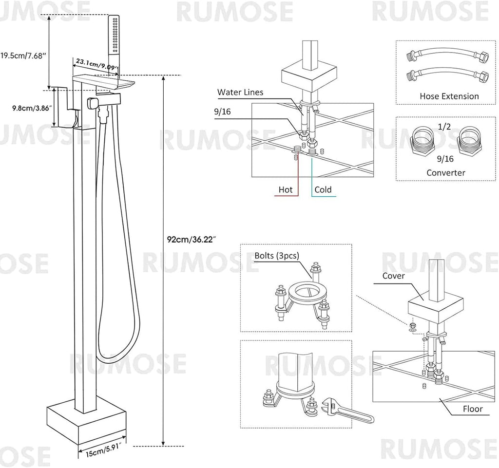 RUMOSE Matte Black Bathtub Filler Freestanding Tub Filler Floor Mount Tub Faucet Waterfall Free Standing Bathtub Faucet High Flow Brass Bath Shower Faucets with Handheld Sprayer