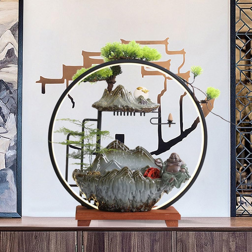 GUERNSEY Tabletop Fountain Chinese Style Maitreya Buddha Water Ornaments Household Rockery Ceramic Circulating Water Fountain Ornaments Indoor Waterfall Feature Indoor Fountain