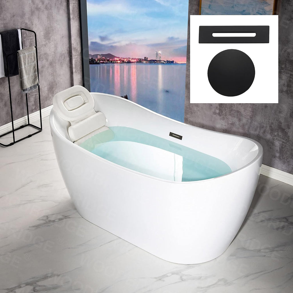 WOODBRIDGE 59' Acrylic Freestanding Bathtub Contemporary Soaking White Tub with Matte Black Overflow and Drain，BTA1516 -MB-Drain &O+ Pillow