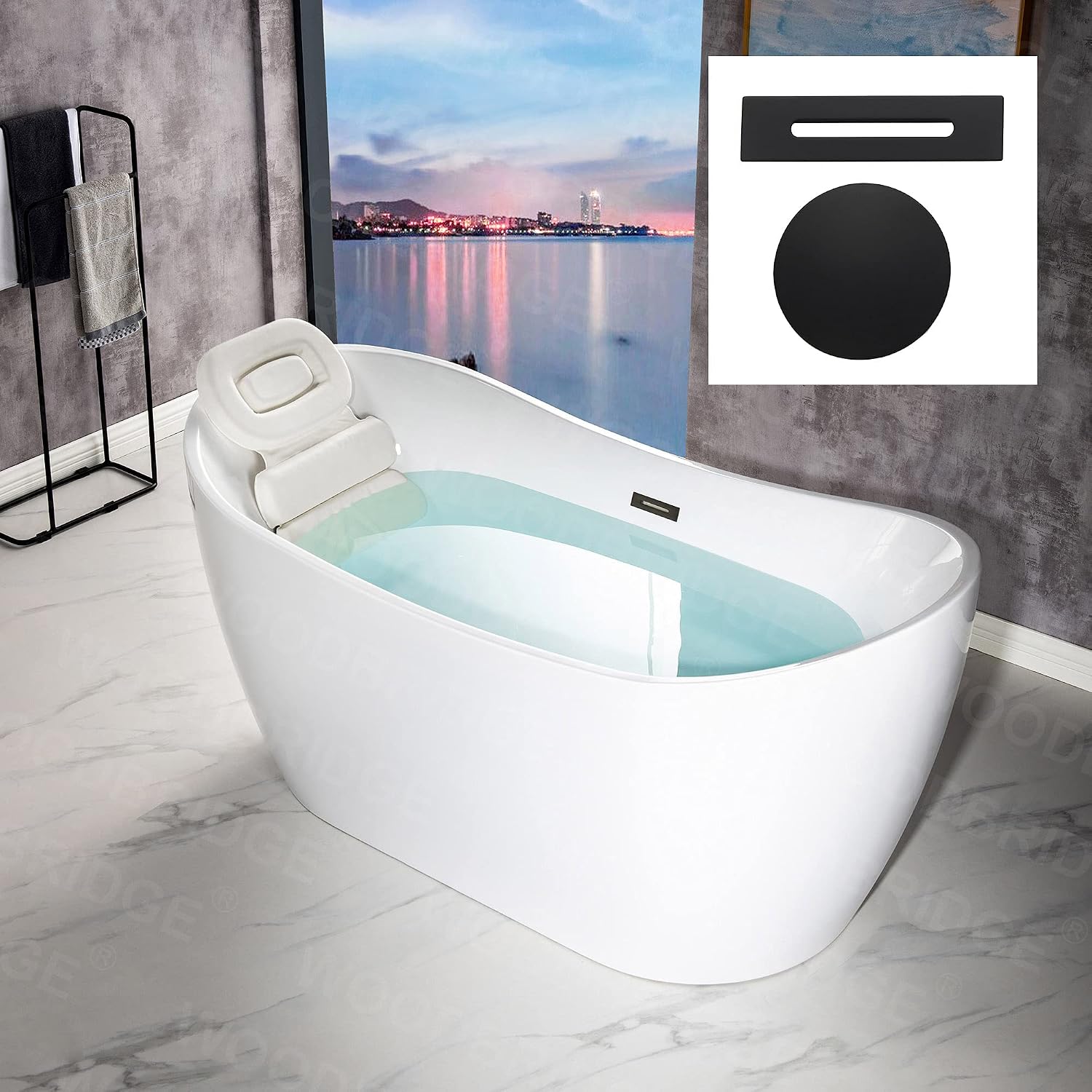 WOODBRIDGE 59' Acrylic Freestanding Bathtub Contemporary Soaking White Tub with Matte Black Overflow and Drain，BTA1516 -MB-Drain &O+ Pillow