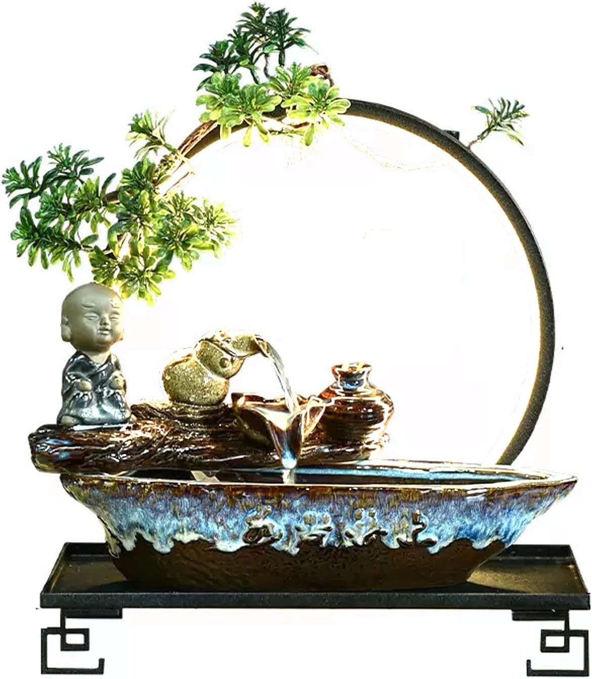 HIHELO Tabletop Fountain Indoor Relax Tabletop Fountain Waterfall Ceramic Tabletop Fountain with Black Metal Base and LED Lights Indoor Zen Tabletop Water Feature Indoor Fountain