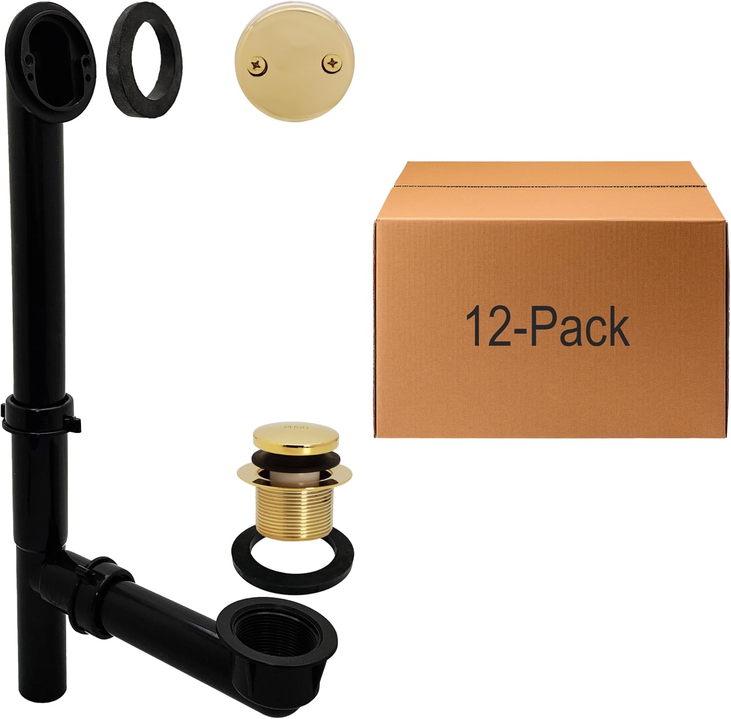 Westbrass 593144-12-01 14' Black Poly Tubular Bathtub Waste & Overflow Assembly with Tip-Toe Drain Plug and 2-Hole Faceplate, Polished Brass (12-Pack)