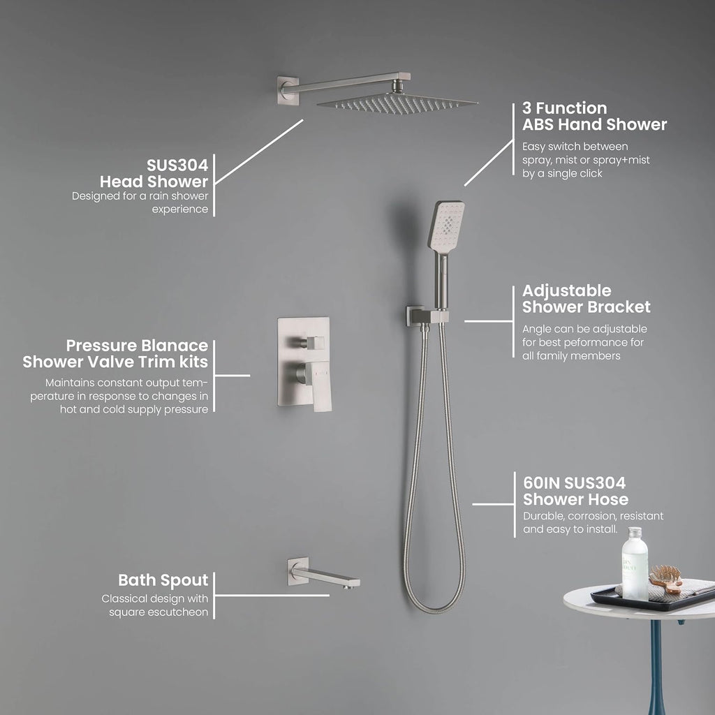 KIBI Shower System with Valve, 3-Function Wall Mounted Shower Faucet Set – Solid Brass Pressure Balanced Shower System with Handheld Shower, 15 Inch Shower Arm, Brushed Nickel (KSF406)