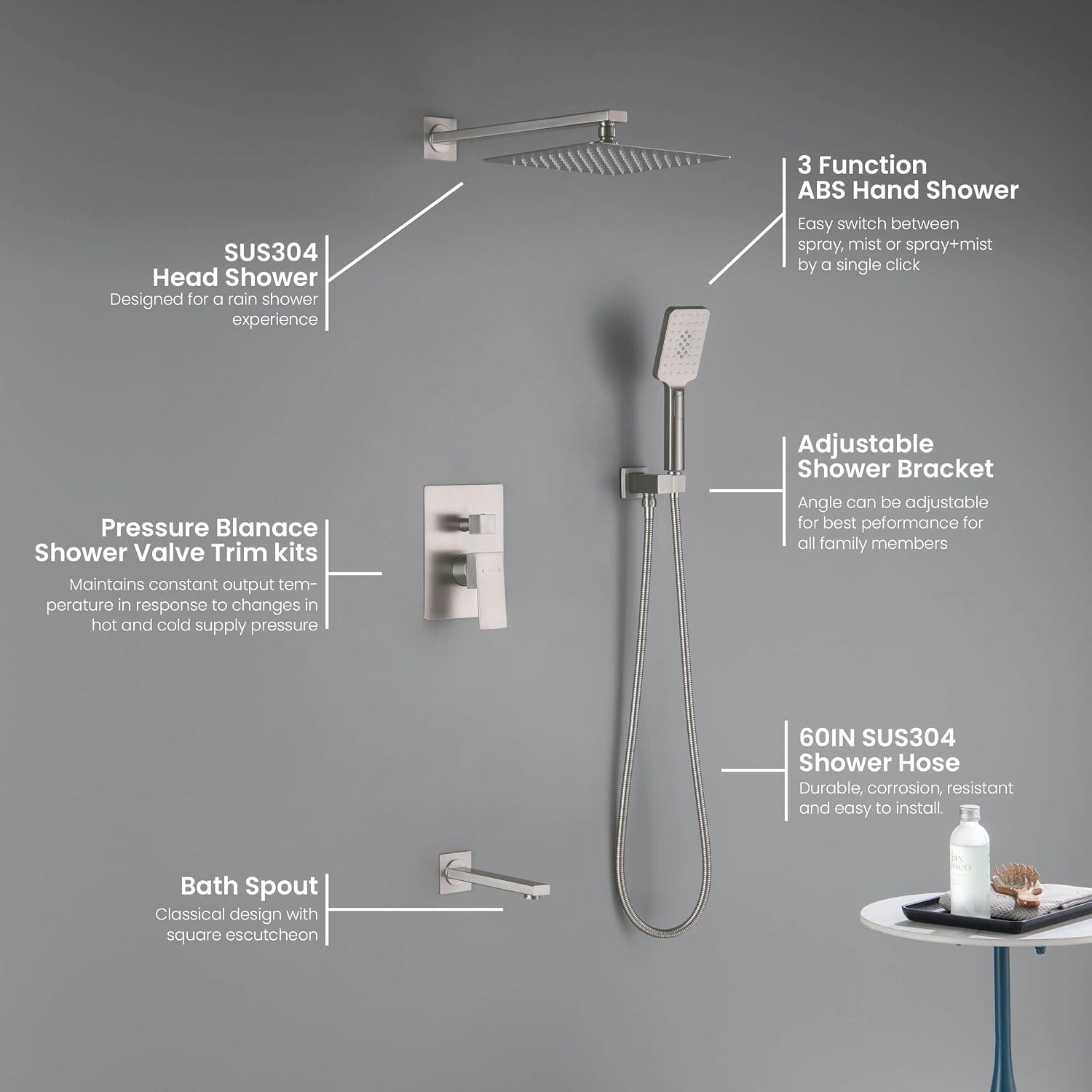 KIBI Shower System with Valve, 3-Function Wall Mounted Shower Faucet Set – Solid Brass Pressure Balanced Shower System with Handheld Shower, 15 Inch Shower Arm, Brushed Nickel (KSF406)