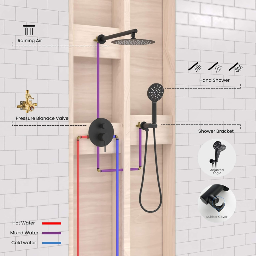 KIBI Shower System with Valve, 2-Function Wall Mounted Bathroom Shower Faucet Set – Solid Brass Pressure Balanced Shower System with Handheld Spray & High Flow Shower Head, Matte Black (KSF403)