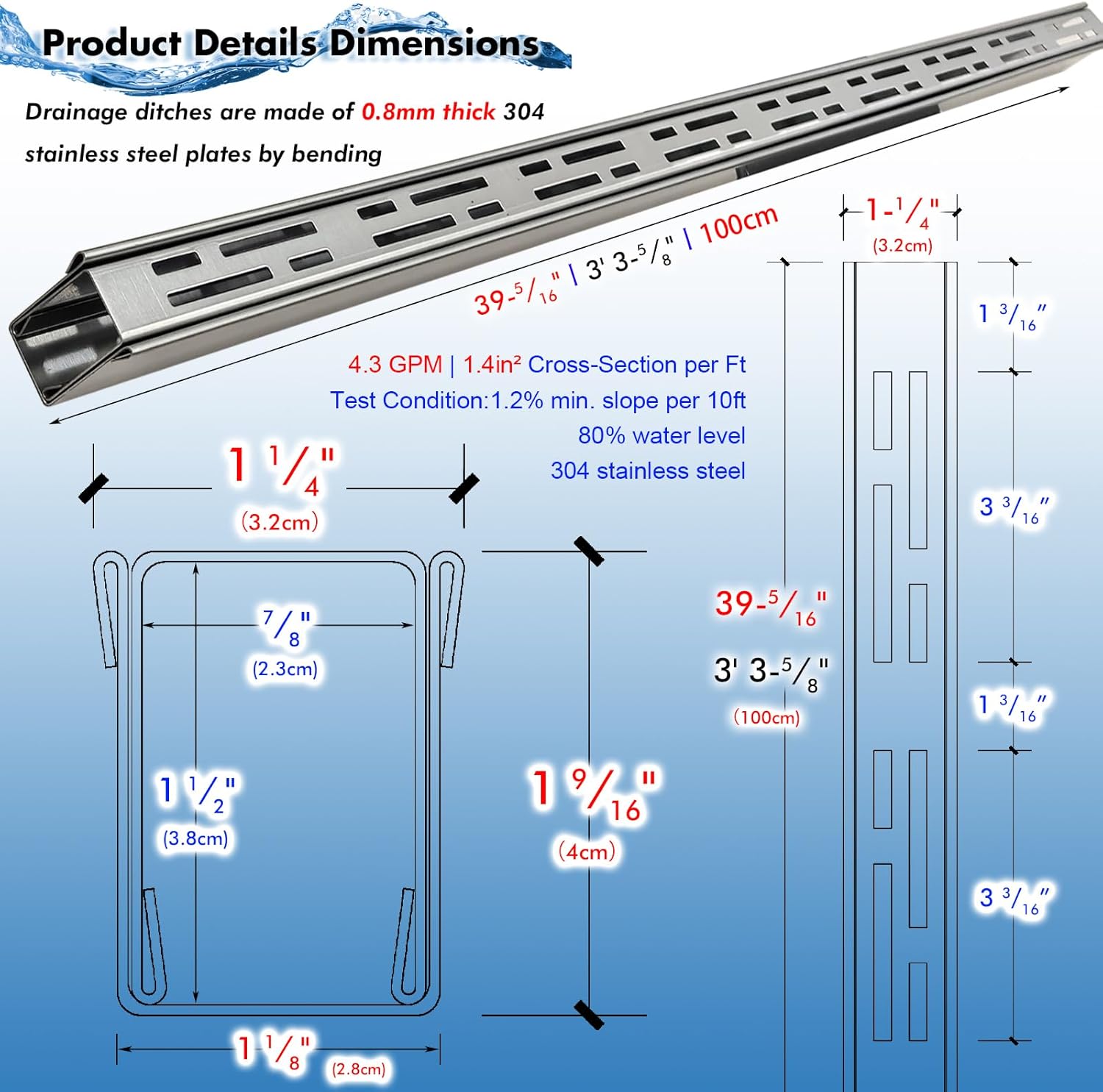 Channel Drain 1-1/4' Wide x 3' 3-5/8' Sections x 6 Pc,Silver Outdoor Pool Deck Drain Channel 304 Stainless Steel with Coupling,Pool Drain for Concrete/Paver/Patios/Walkways