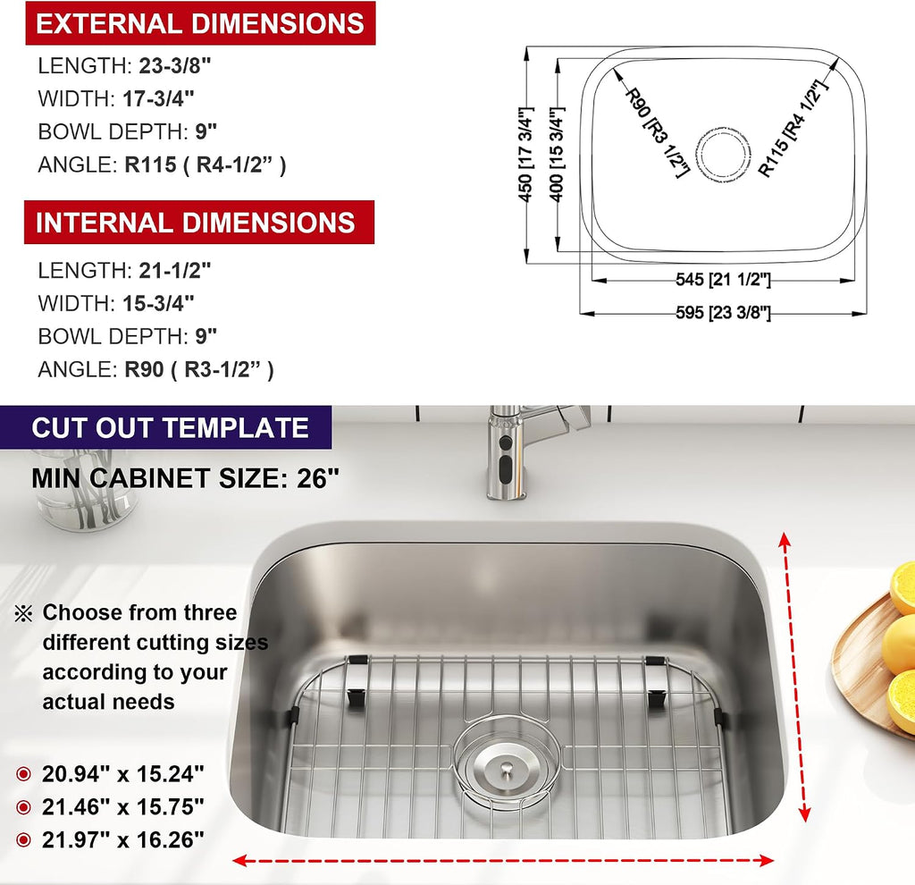 23 Inch Undermount Kitchen Sink 18 Gauge Stainless Steel Single Bowl Commercial Grade Satin Finish Bar Prep Sinks with Basket Strainer and Protected Grid 23' x 18' x 9'