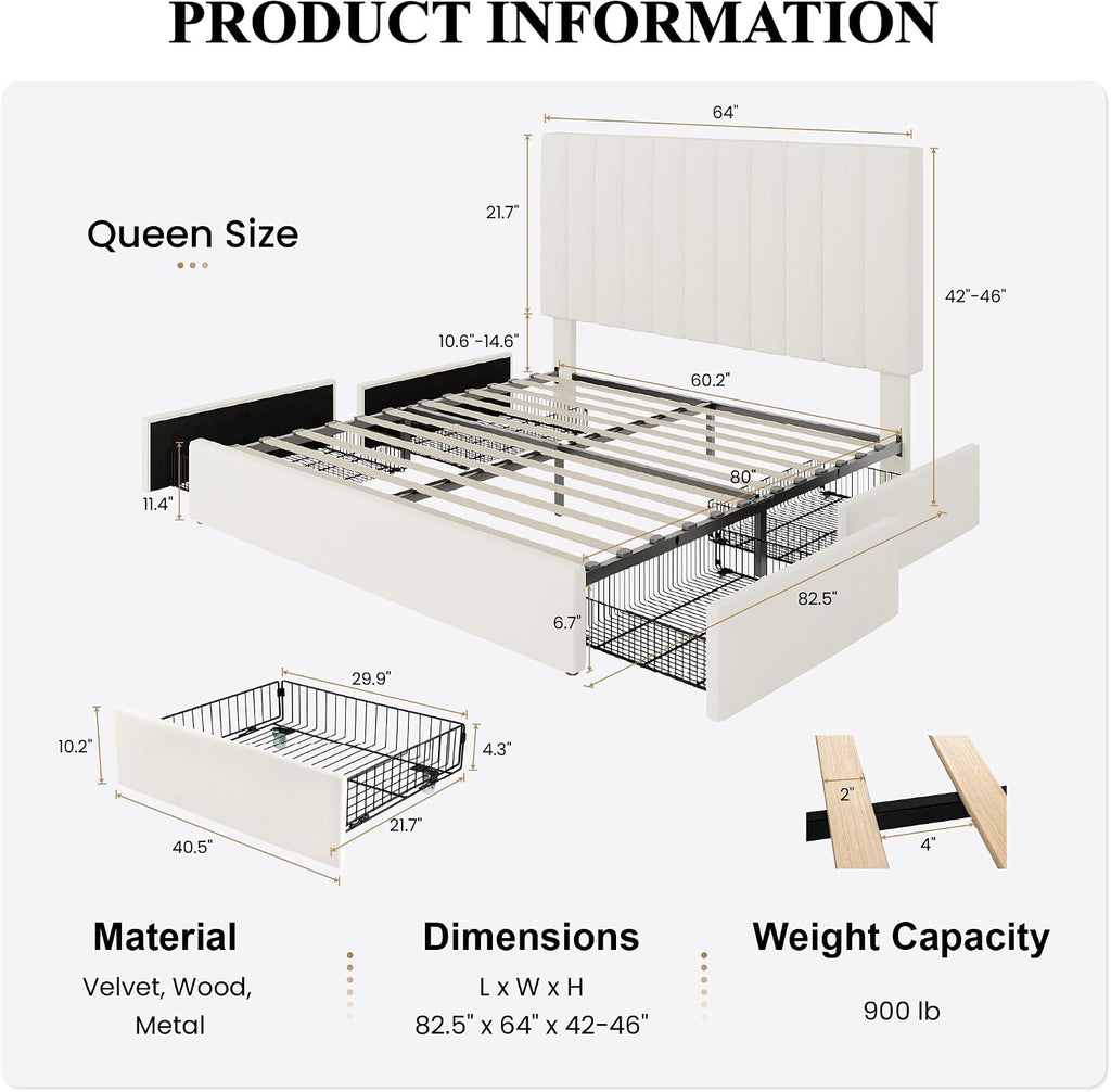 SHA CERLIN Queen Platform Bed Frame with 4 Storage Drawers, Vertical Channel Tufted Adjustable Headboard, Velvet Upholstered, Wooden Slats Support, No Box Spring Needed, Easy Assembly, Cream