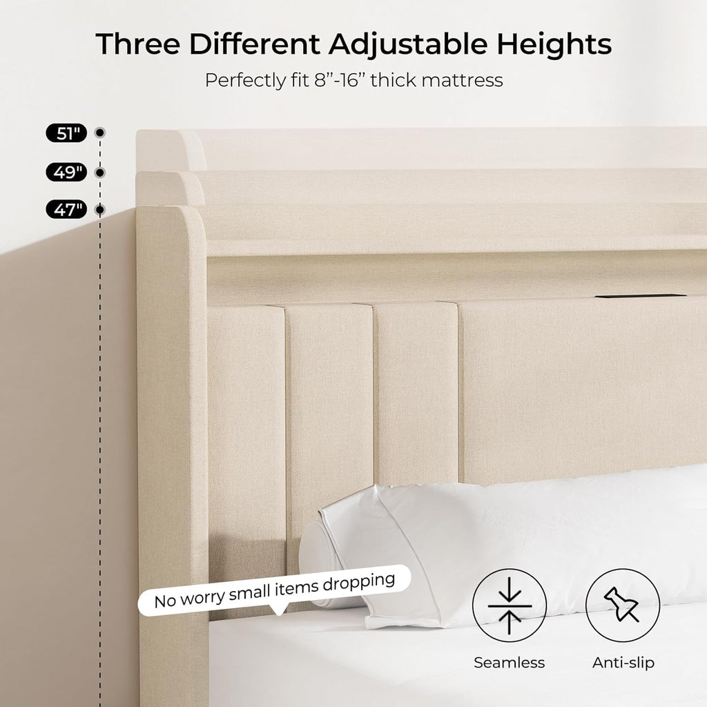 koorlian Queen Size Upholstered Bed Frame with Storage Headboard and 4 Dustproof Drawers, 51'' Tall LED Platform Bed Frame with Adjustable Headboard, USB/Type-C Charging and Side Storage, Off White