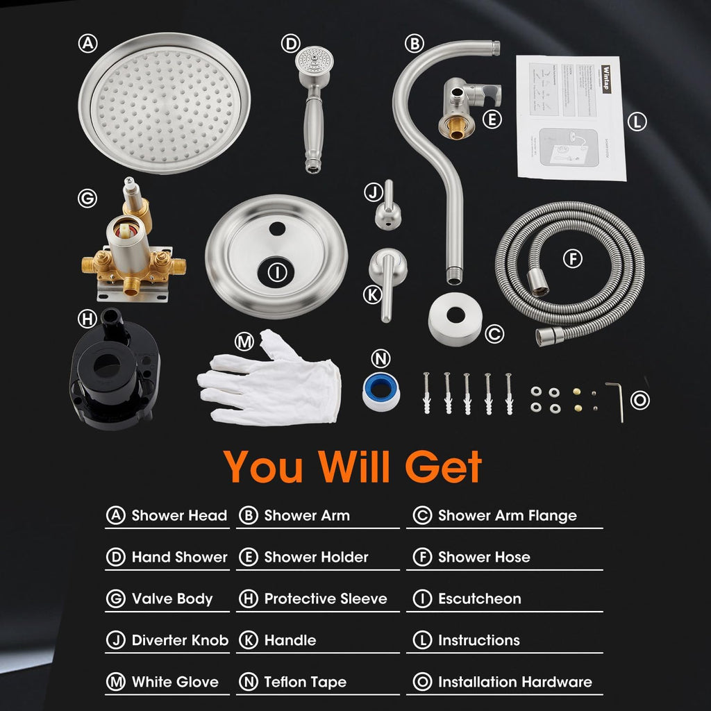 Rainfall Shower System Shower Faucet Set with Rain Shower Head and Handheld Spray Wall Mounted Bathroom Luxury Mixer Combo Set Rough-in Valve Body and Trim Included 9 inch Brushed Nickel
