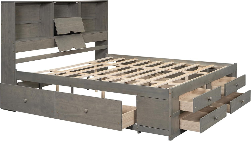 Queen Size Platform Bed with Storage Headboard, Solid Wood Platform Bed Captain's Bed Frame with 8 Drawers, Sturdy Slats Support, Maximize Space, Grey-8r