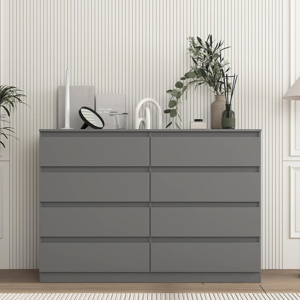 Vibe & Dine 8 Drawer Double Dresser, Modern Chest of Drawers with Wide Storage for Closet, Bedroom, Living Room, Grey