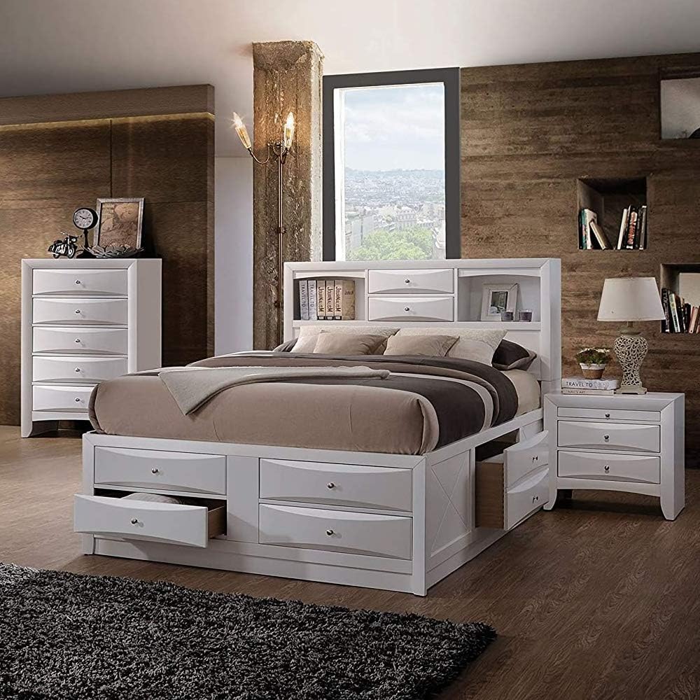 Queen Bed with Storage, Solid Wood Queen Size Bed Frame with Headboard (2 Bookcase, 2 Drawers), Footboard (4 Drawers), Rail with 2 Drawers, Wooden Slat, No Box Spring Needed, White