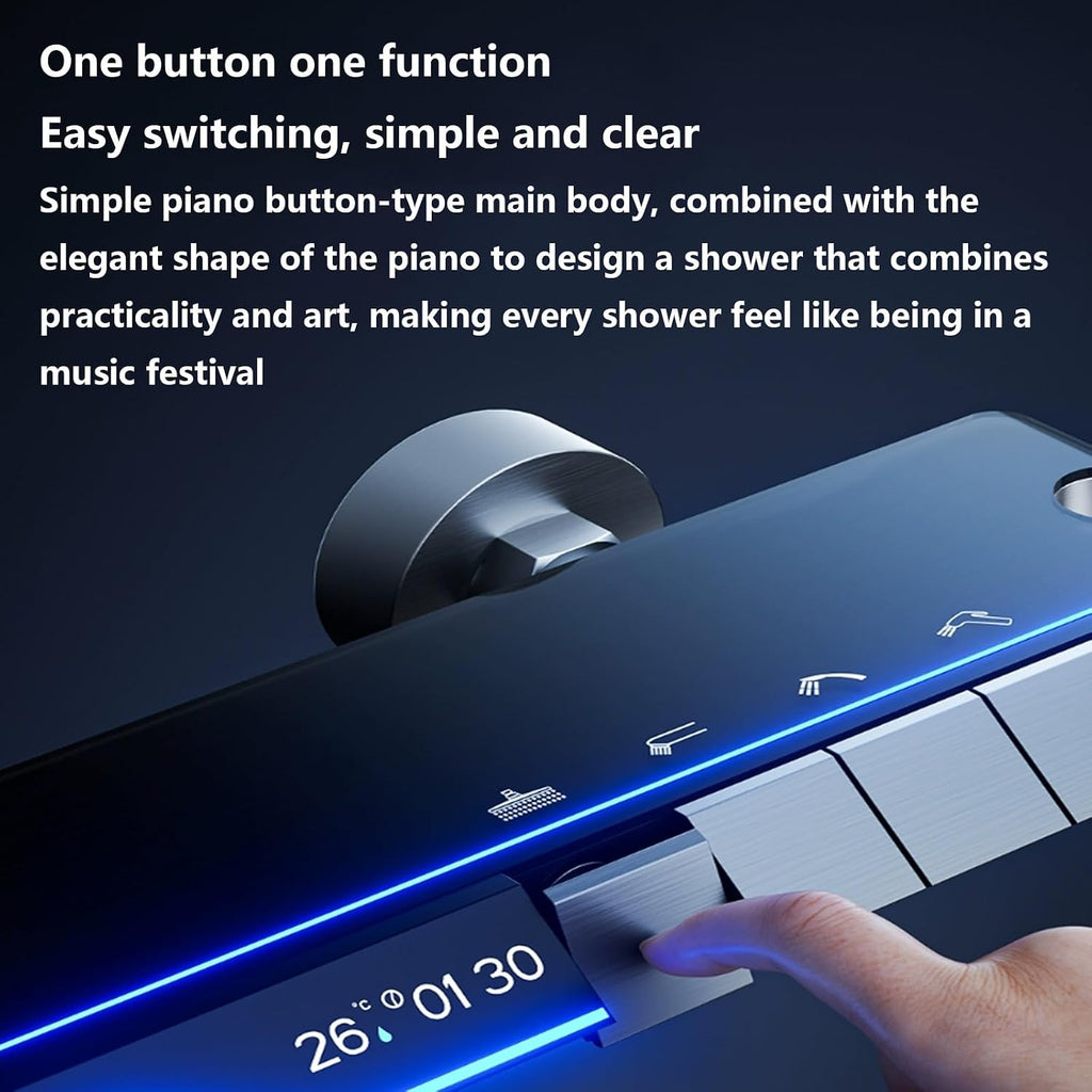Shower set with smart constant temperature, shower set with LED digital display, shower set with hidden drain, with air booster, piano keys, four-speed square spray, suitable for bathrooms ( Color : W