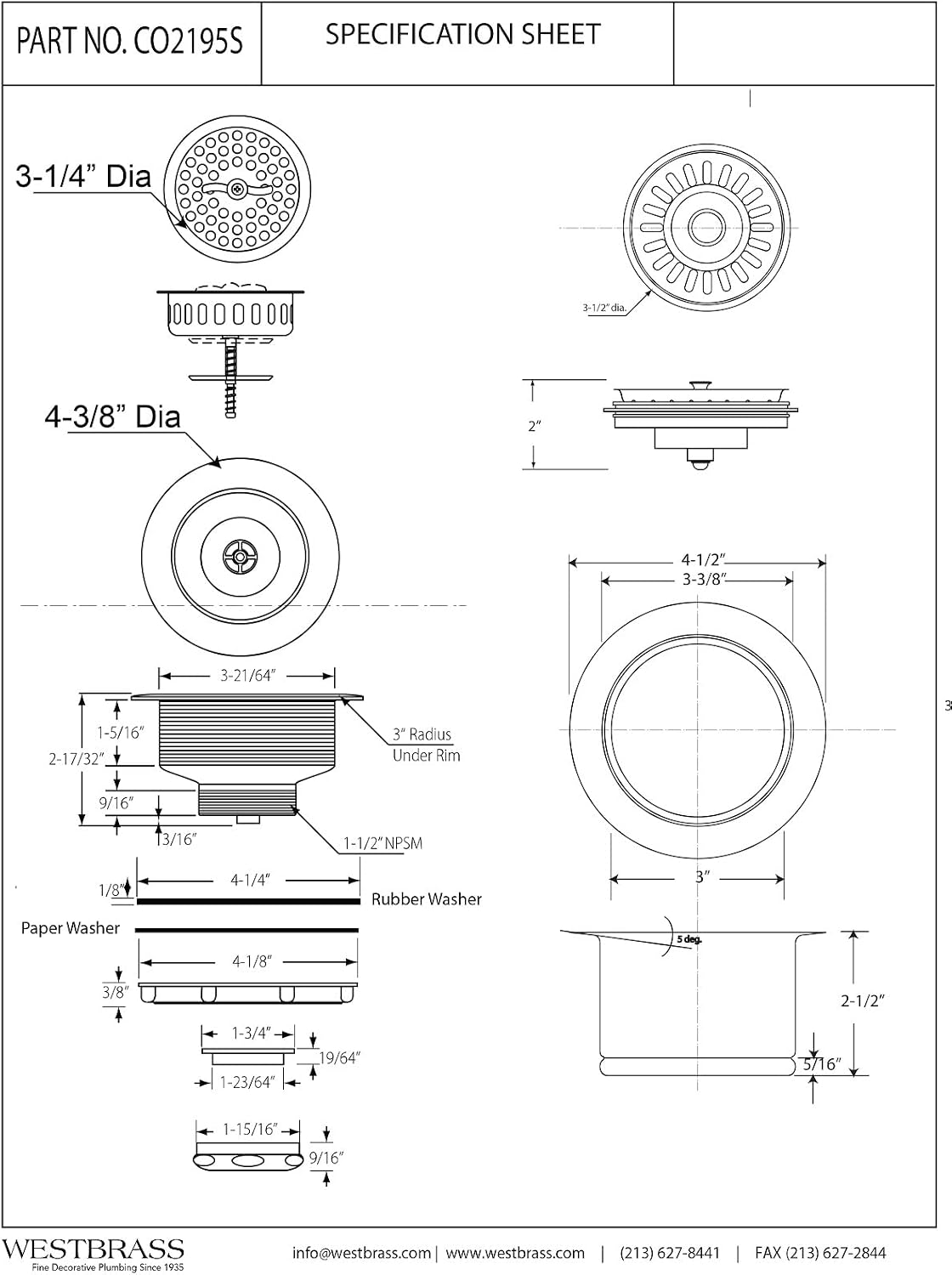 Westbrass CO2195S-20 Combo Pack 3-1/2' Wing Nut Twist Style Large Basket Extra-Deep Collar Kitchen Sink Waste Disposal Flange with Strainer Stopper, Stainless Steel