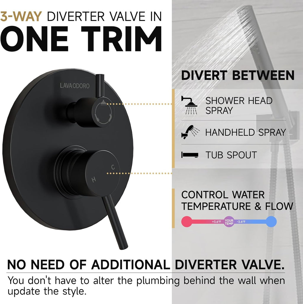 Lava Odoro Modern 3-Setting Round Rain Bathtub and Shower Faucet Set, Black Rainfall Shower Head and Handle Set, Rain Shower System with Tub Spout, Shower Valve Trim Kit, Matte Black, SF104-MB-T