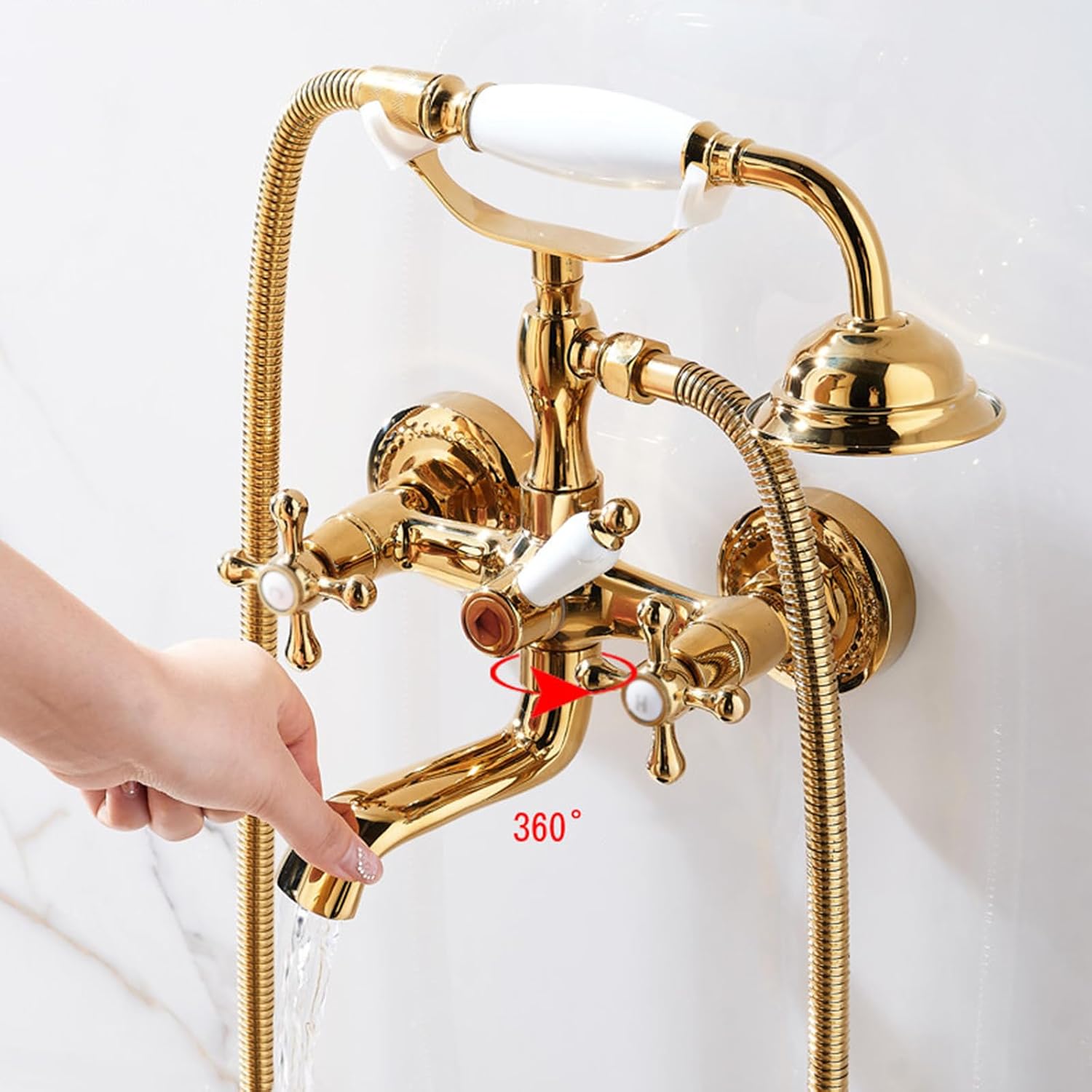 BiaoTeng Vintage Wall Mount Bathtub Faucet Double Cross Handle with 360° Swivel Hot and Cold Brass Bath Tub Faucet Set Antique Chrome