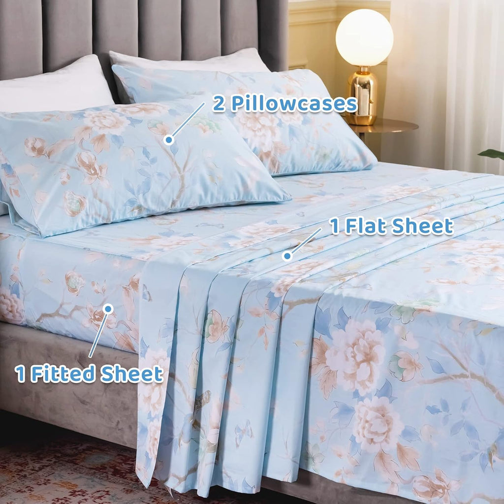 QSH 100% Egyptian Cotton Cal King Sheets, Blue Bird Plant Pattern Botanical Luxury Cotton Printed Flower California King Bedding Sheets, 4pcs Deep Pocket California King Floral Bed Sheet Set