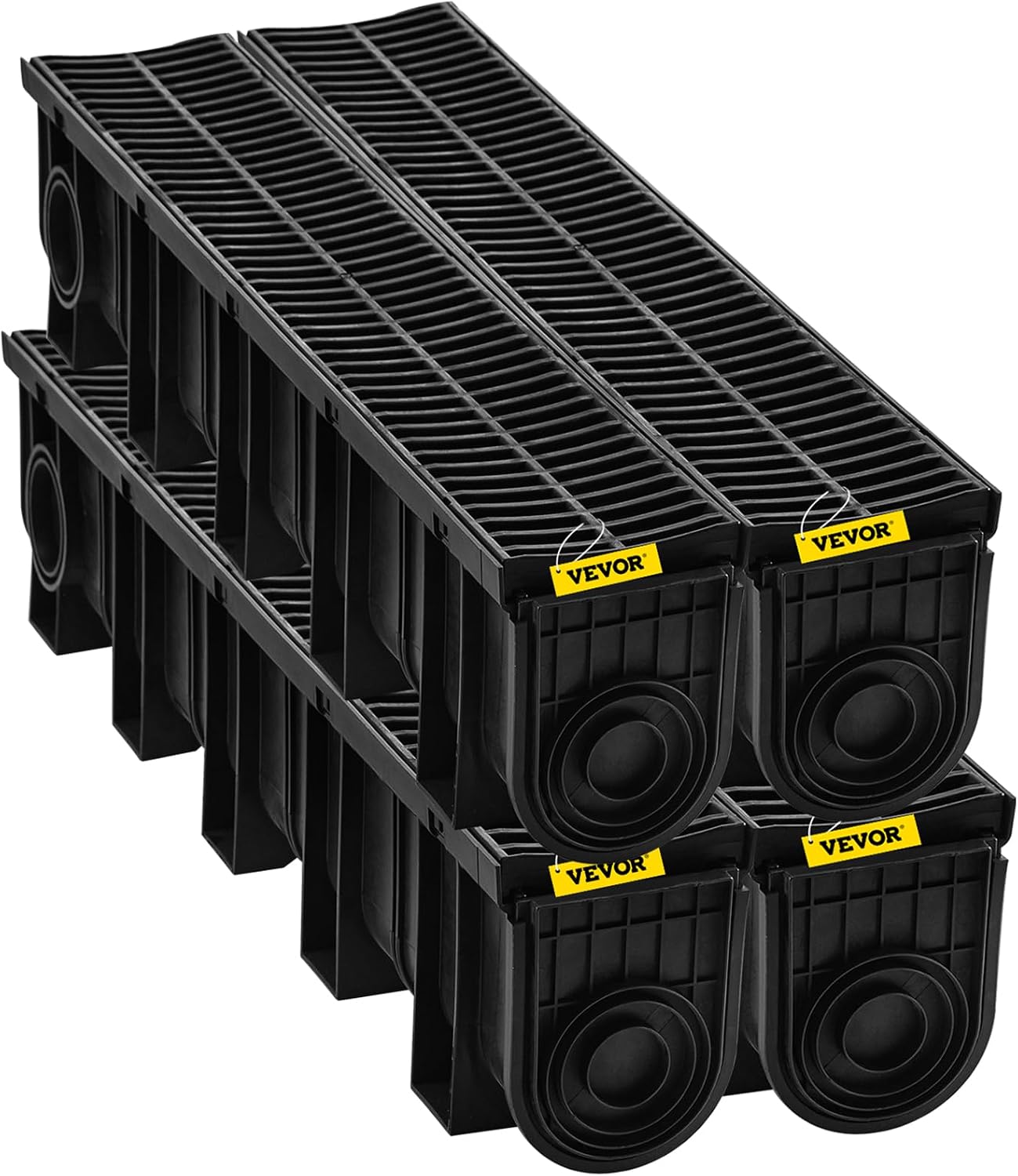 VEVOR Trench Drain System 4 Pack, Channel Drain with Plastic Grate 5.9 x 7.5 in HDPE Drainage Trench, Black Plastic Garage Floor Waterway 4 x 39 in with 4 End Caps for Garden Driveway