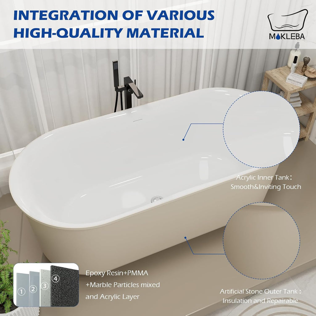 59' Solid Surface Resin Freestanding Bathtub, Double Ended Shape, Modern Deep Stone Resin Soaking Bathtub with Integrated Slotted Overflow, Toe-Tap Chrome Drain, cUPC Certified, Khaki