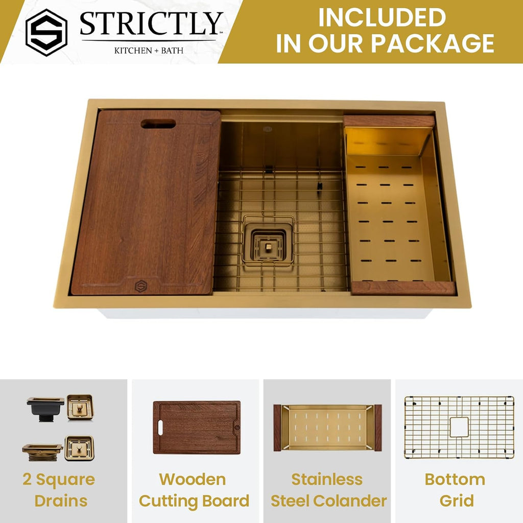 Strictly Sinks Undermount Workstation Kitchen Sink – 32 Inch 16 Gauge Embossed Hexagon Texture Gold Kitchen Sink with Grid, Wood Cutting Board, Colander, 1 Strainer Drain & 1 Garbage Disposal Adapter