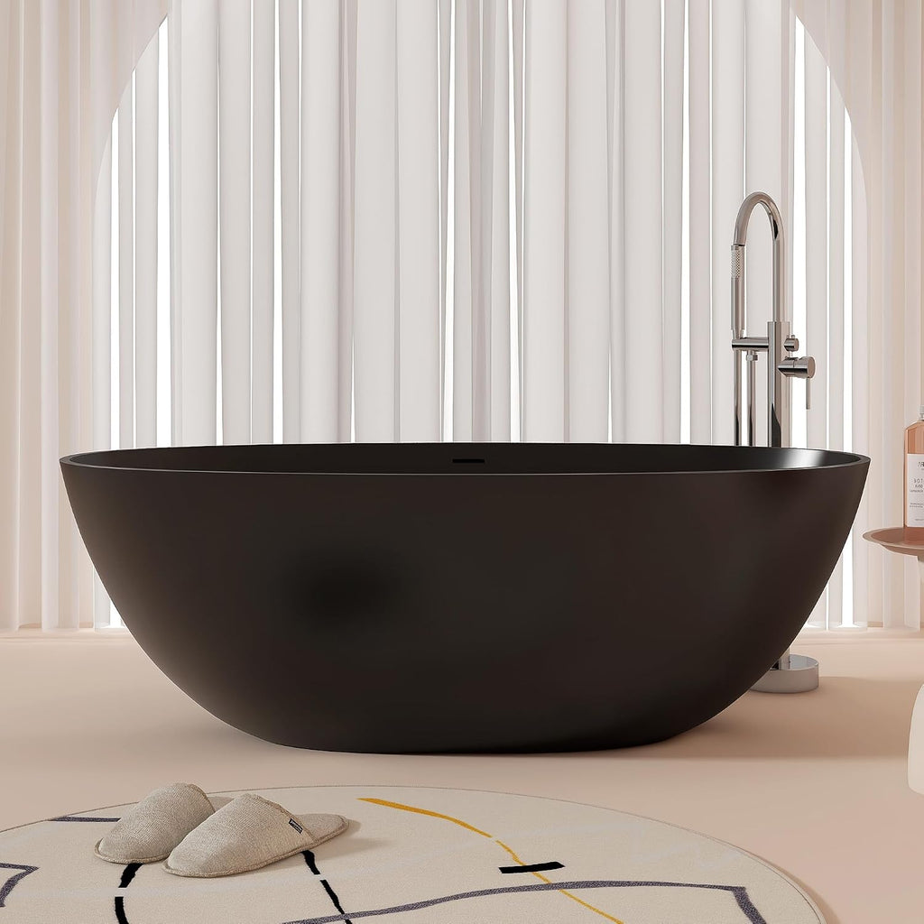65' Stone Resin Freestanding Bathtub, Oval Solid Surface Bathroom Freestanding Tubs,Stand Alone Soaking Tub with Drain & Integrated Slotted Overflow Matte black