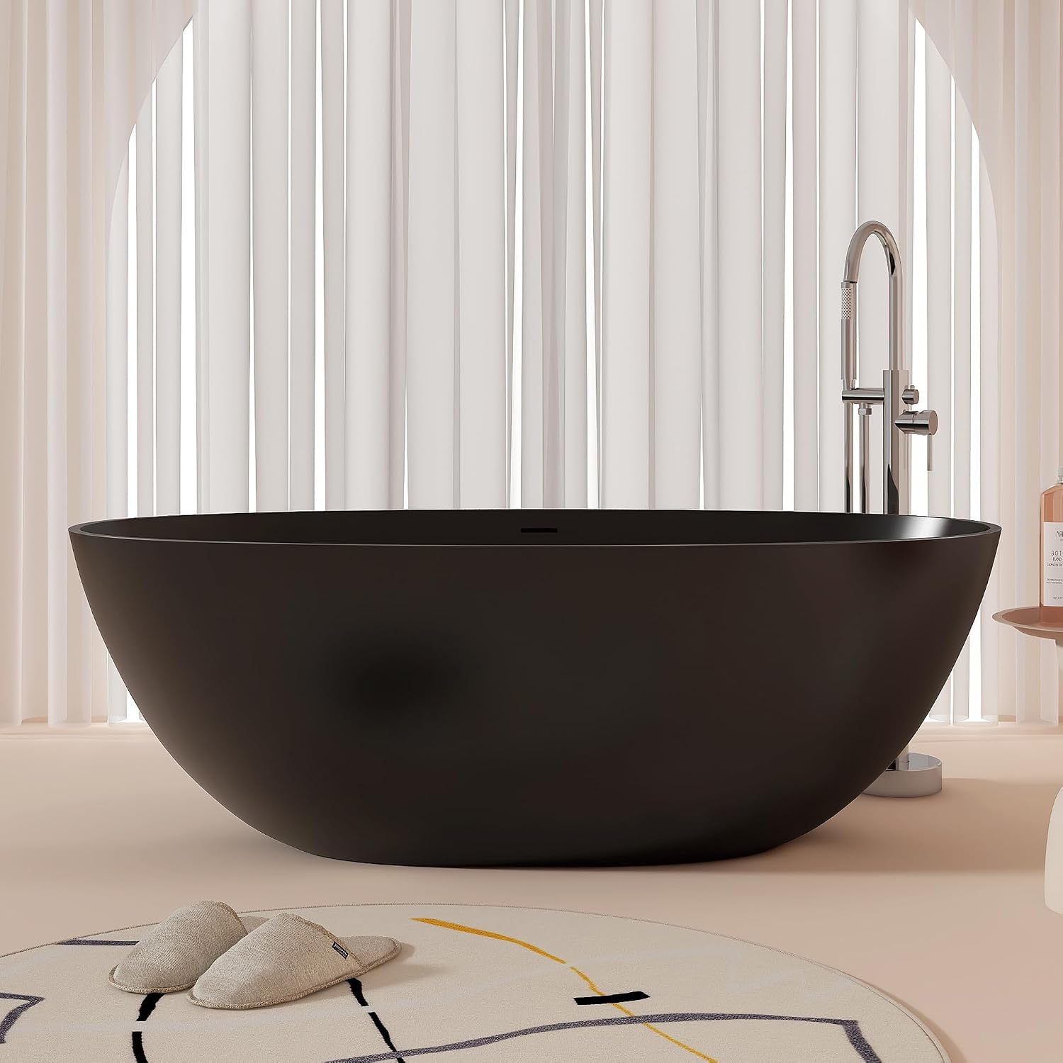 65' Stone Resin Freestanding Bathtub, Oval Solid Surface Bathroom Freestanding Tubs,Stand Alone Soaking Tub with Drain & Integrated Slotted Overflow Matte black