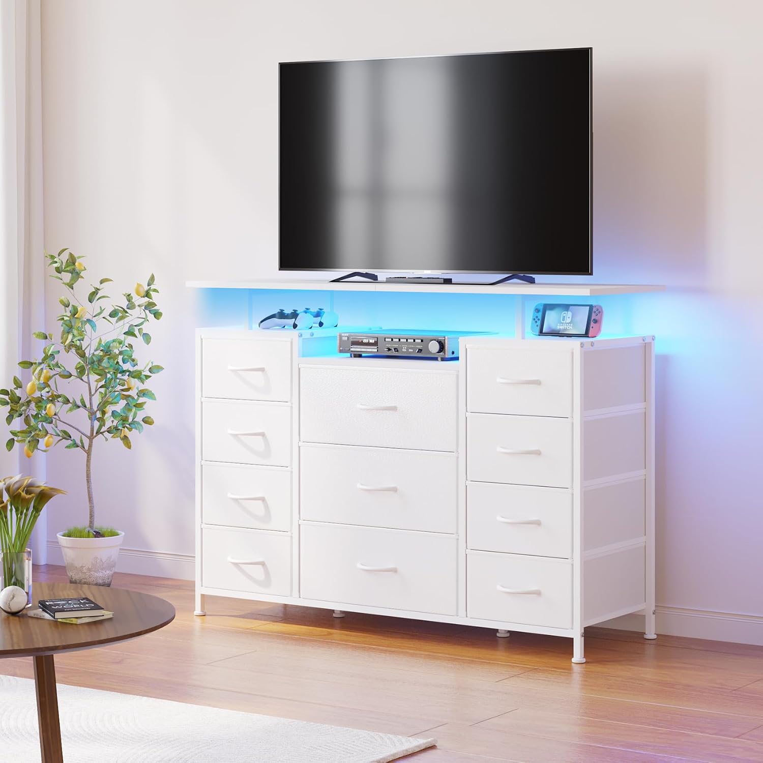 LUMTOK 11 Drawers Dresser with Fabric Drawers,Charging Station, LED Lights and Shelves for Bedroom Storage Organization
